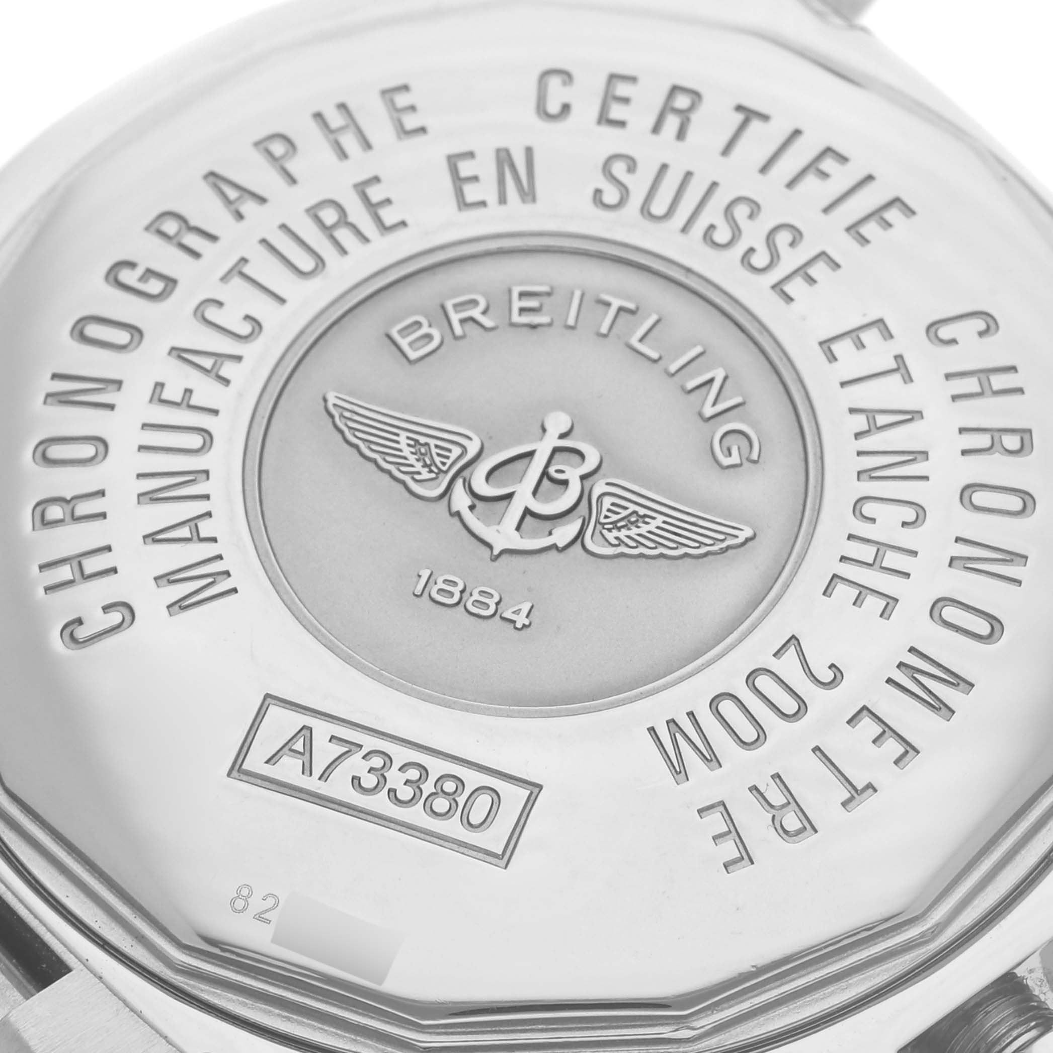 This image shows the case back of a Breitling Colt A73380 Men's Stainless Steel Silver Dial A73380 Men's Stainless Steel Silver Dial, highlighting engraved details and branding.