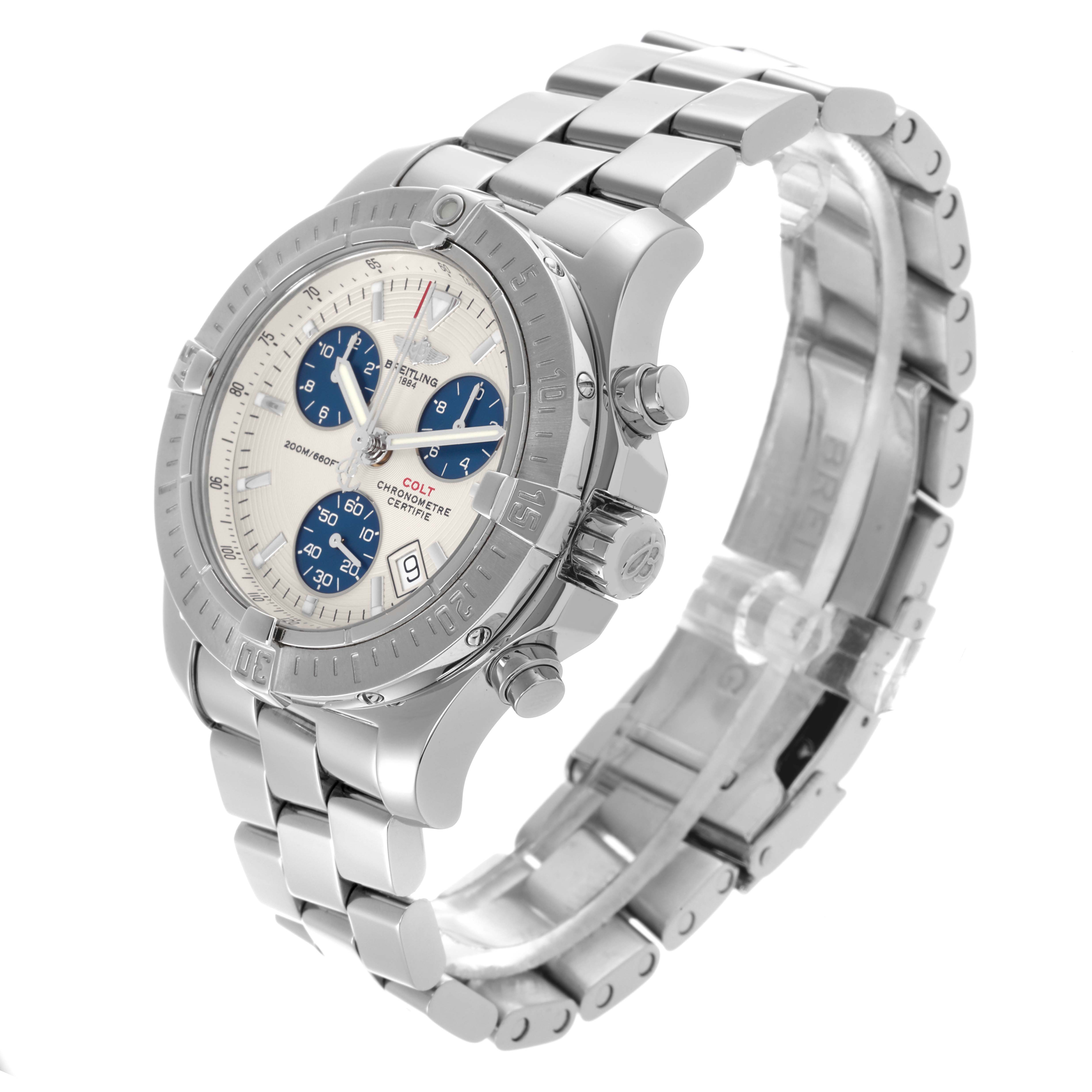 The Breitling Colt A73380 Men's Stainless Steel Silver Dial A73380 Men's Stainless Steel Silver Dial watch is shown in a three-quarter angle, displaying the face, bezel, and bracelet clearly.