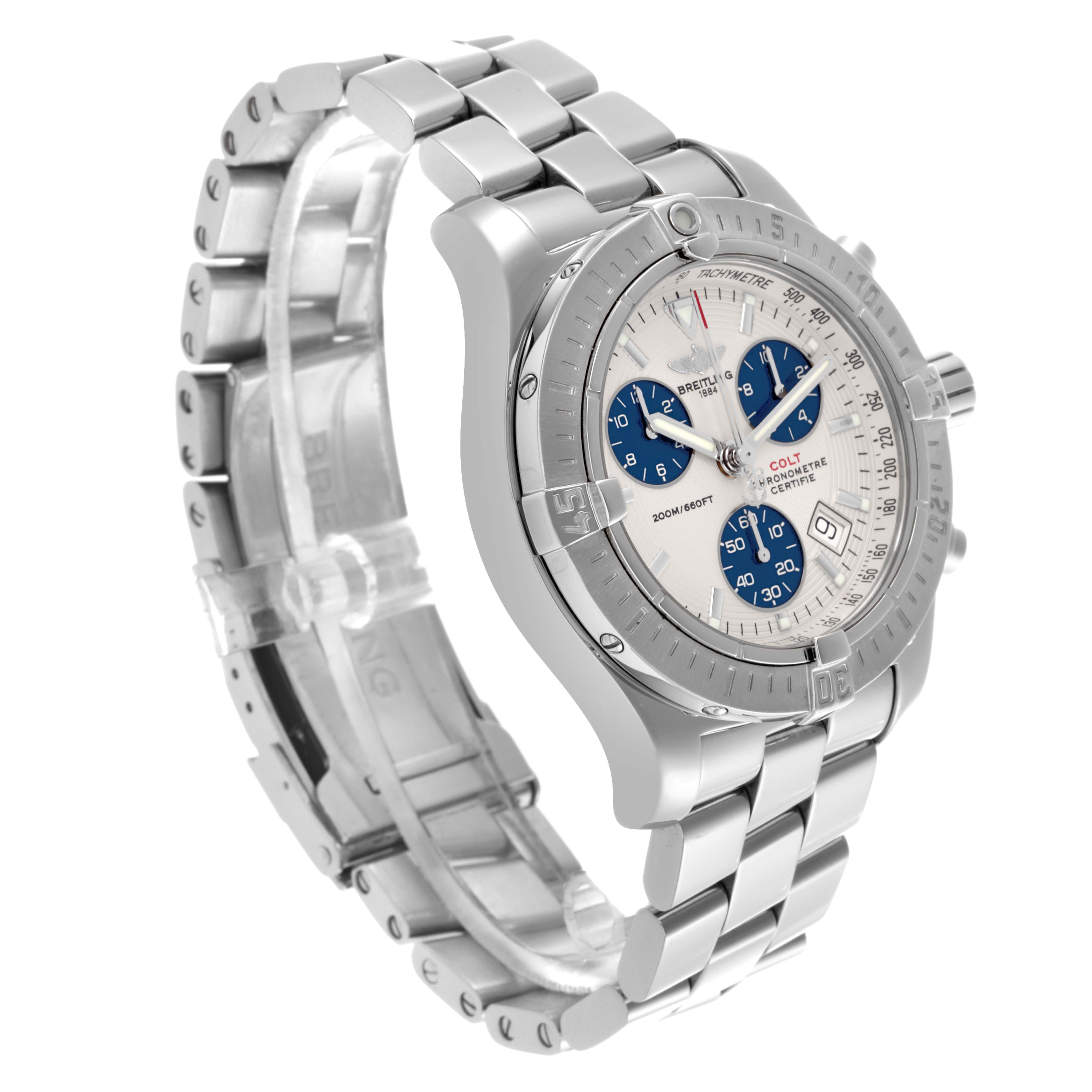 The Breitling Colt A73380 Men's Stainless Steel Silver Dial A73380 Men's Stainless Steel Silver Dial watch is shown at an angled side view, displaying its bracelet, case, bezel, and dial with subdials.