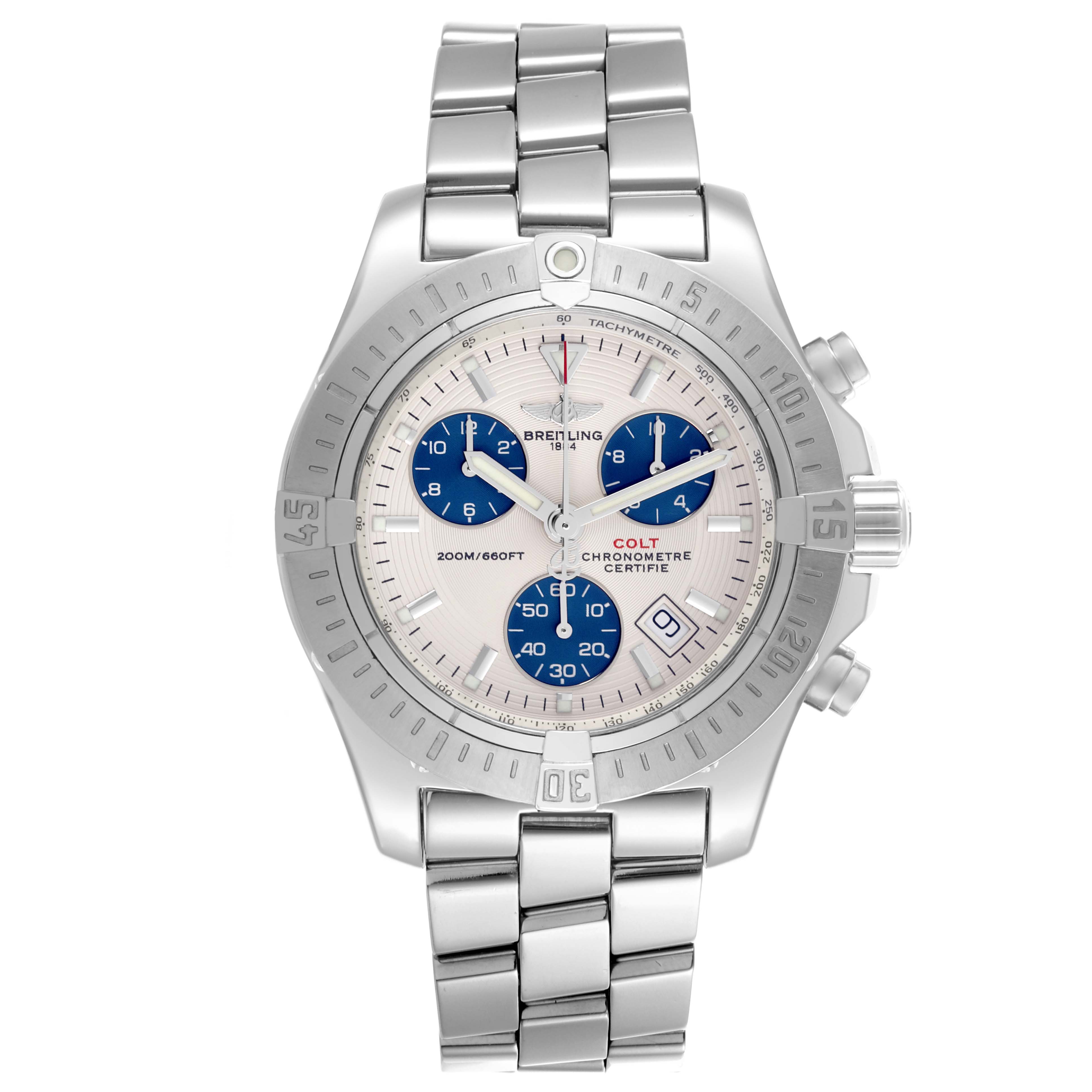 The Breitling Colt A73380 Men's Stainless Steel Silver Dial A73380 Men's Stainless Steel Silver Dial watch is shown from a front angle, displaying the face, bezel, chronograph dials, and bracelet.
