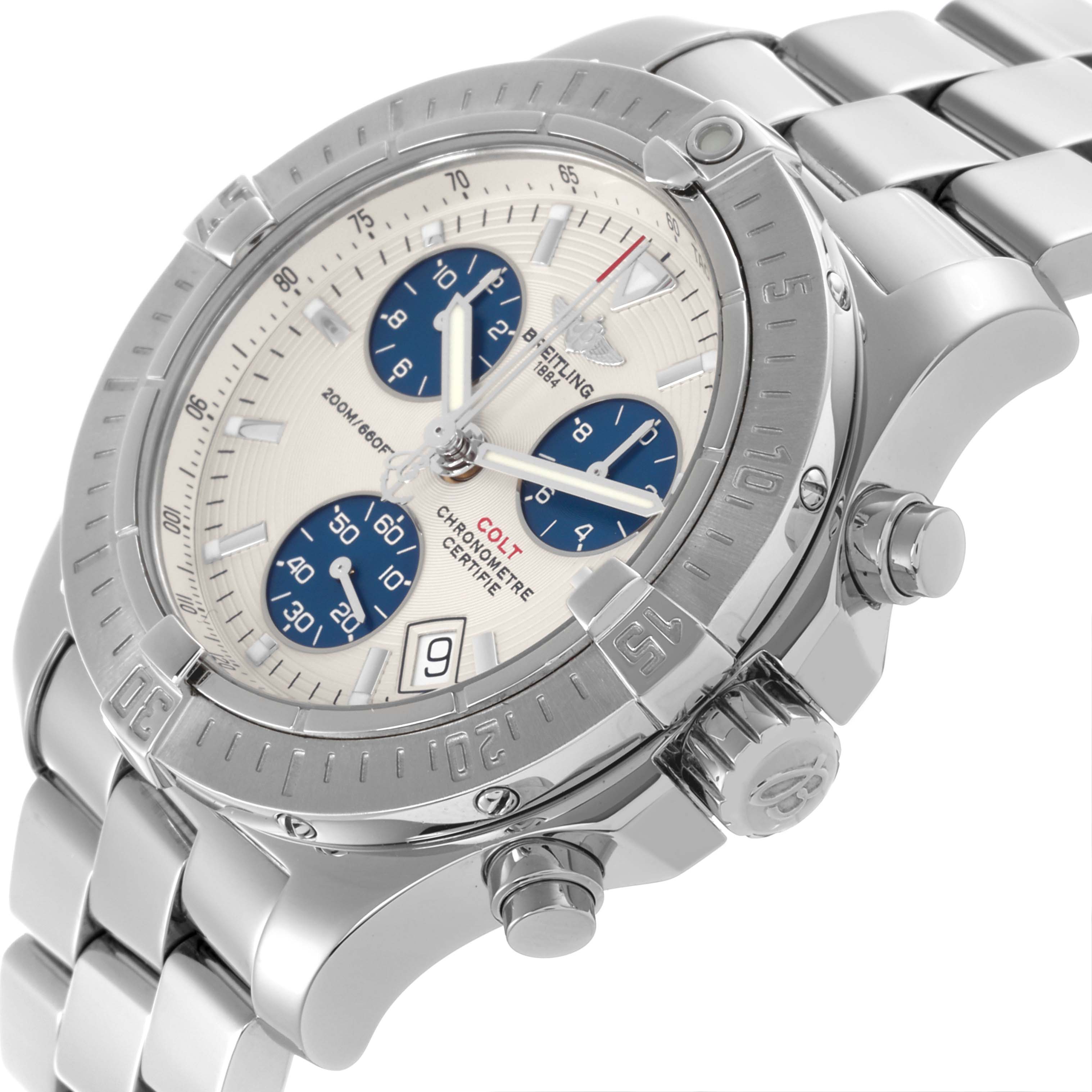 The Breitling Colt A73380 Men's Stainless Steel Silver Dial A73380 Men's Stainless Steel Silver Dial watch is shown from an angled side view, displaying its bezel, dial, subdials, crown, and bracelet.
