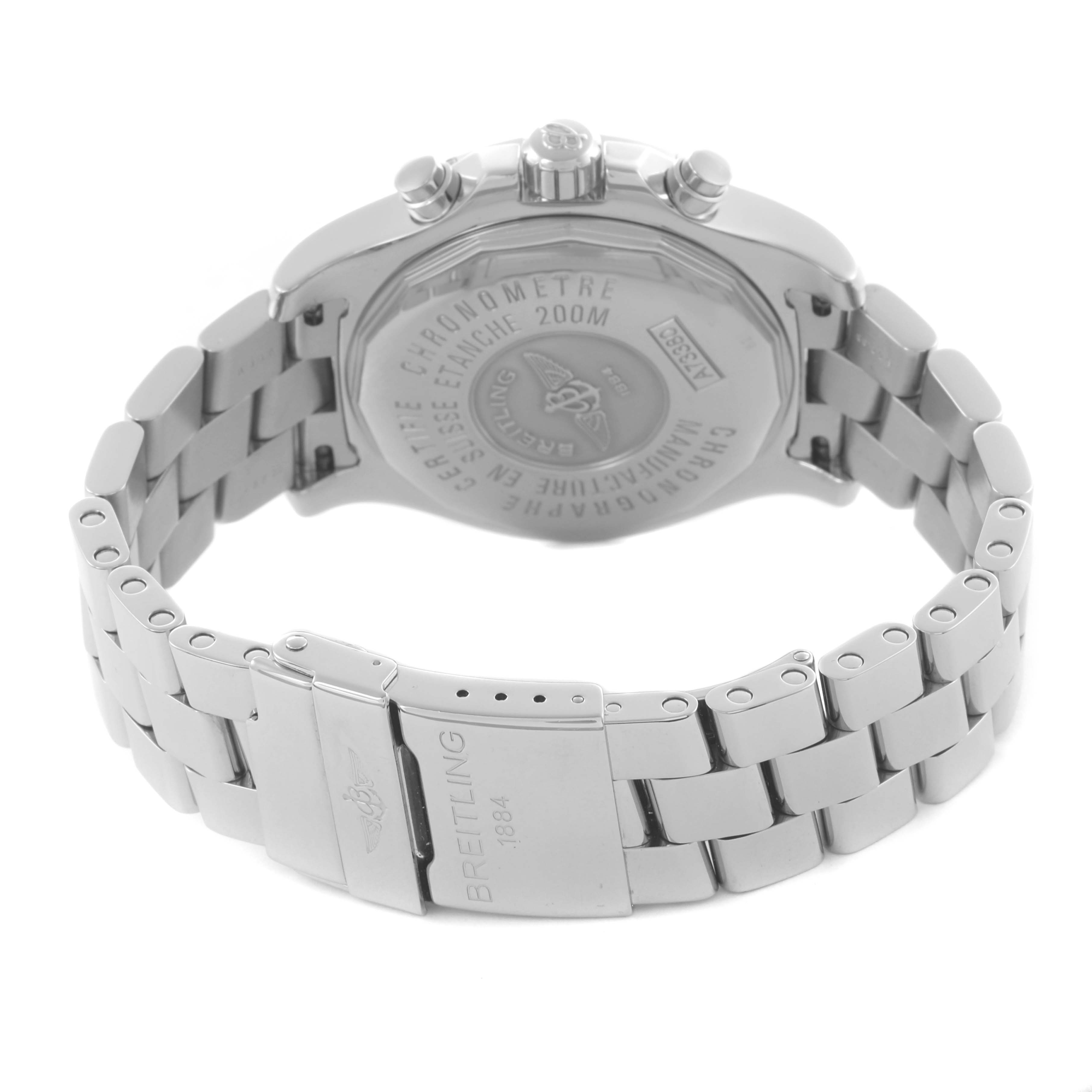 The image shows the back case and metal bracelet of the Breitling Colt A73380 Men's Stainless Steel Silver Dial A73380 Men's Stainless Steel Silver Dial watch, with the clasp and case back details visible.