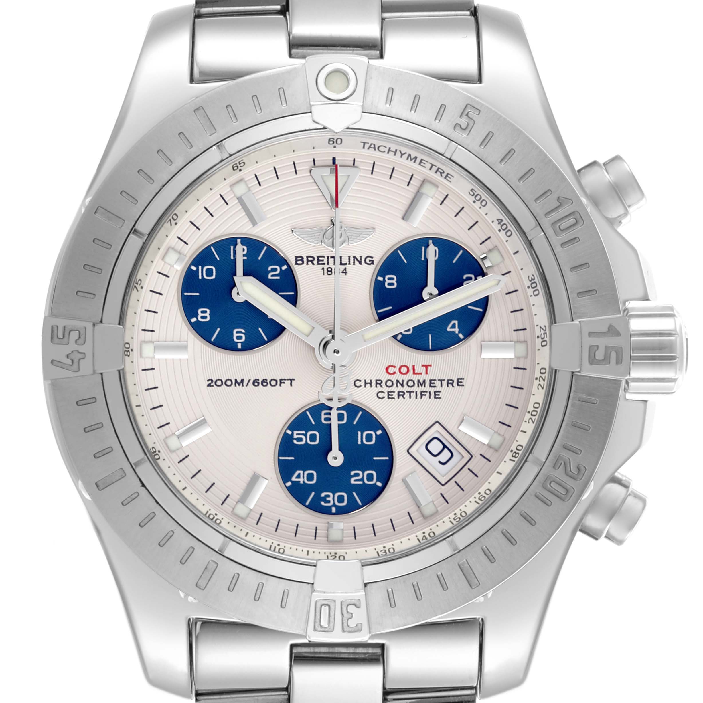 The Breitling Colt A73380 Men's Stainless Steel Silver Dial A73380 Men's Stainless Steel Silver Dial watch is shown from the front, displaying its bezel, dial, subdials, and date window.