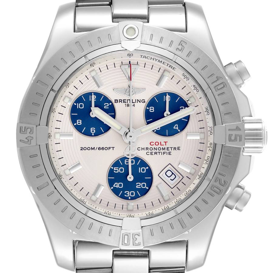 The Breitling Colt watch is shown from the front, displaying its bezel, dial, subdials, and date window.