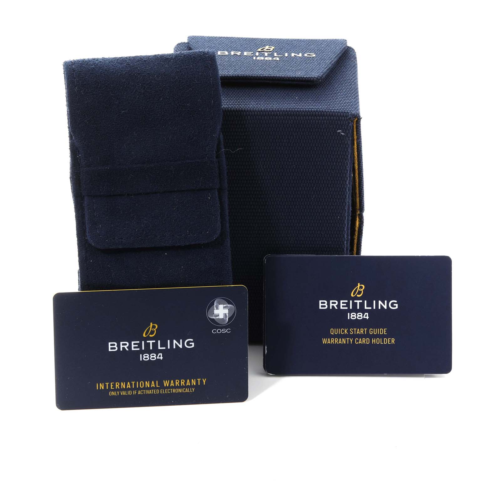 The image shows the packaging and warranty cards for a Breitling Navitimer AB0138211B1A1 Men's Stainless Steel Black Dial AB0138211B1A1 Men's Stainless Steel Black Dial watch.