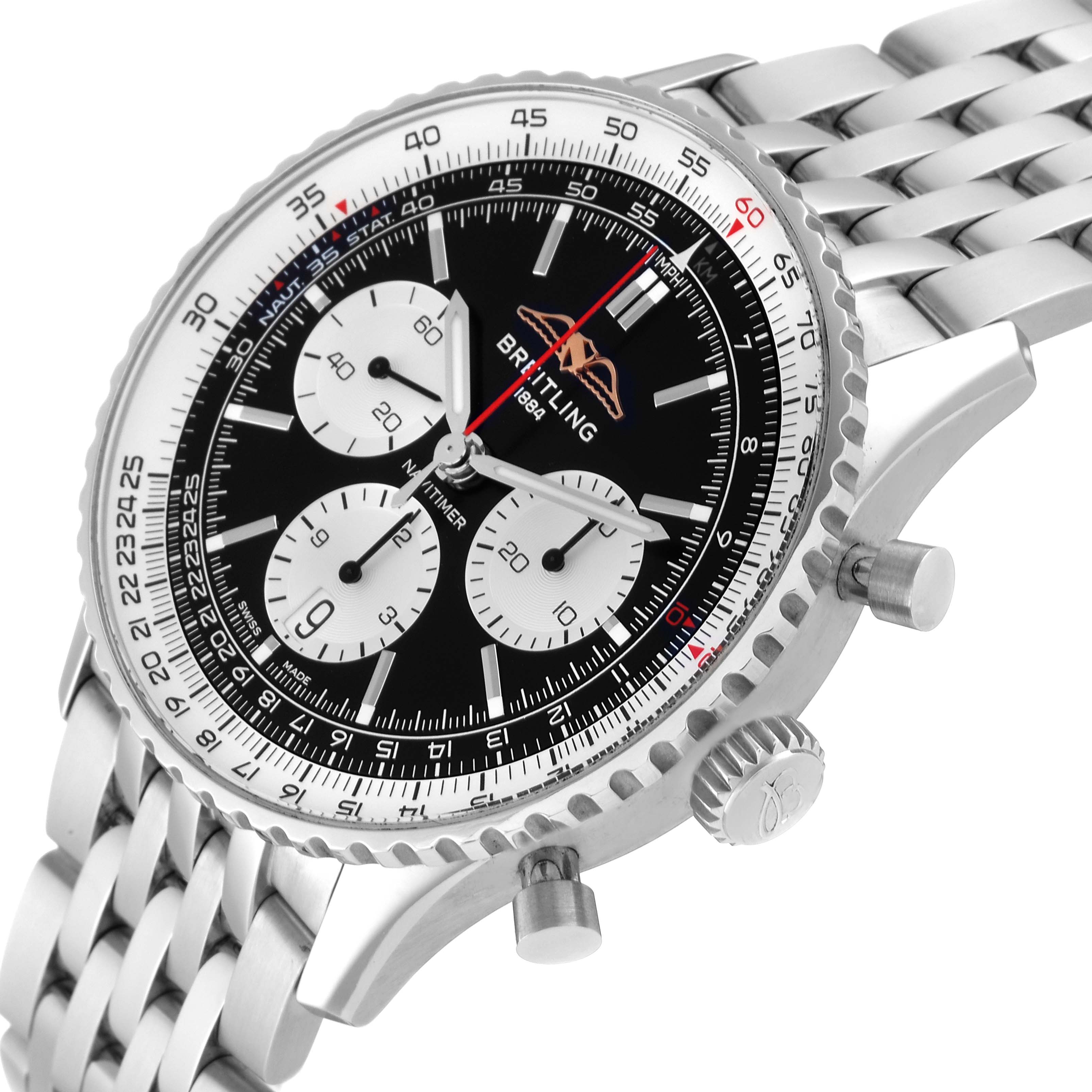 This image shows a side angle of the Breitling Navitimer AB0138211B1A1 Men's Stainless Steel Black Dial AB0138211B1A1 Men's Stainless Steel Black Dial watch, highlighting the dial, bezel, pushers, and metal bracelet.