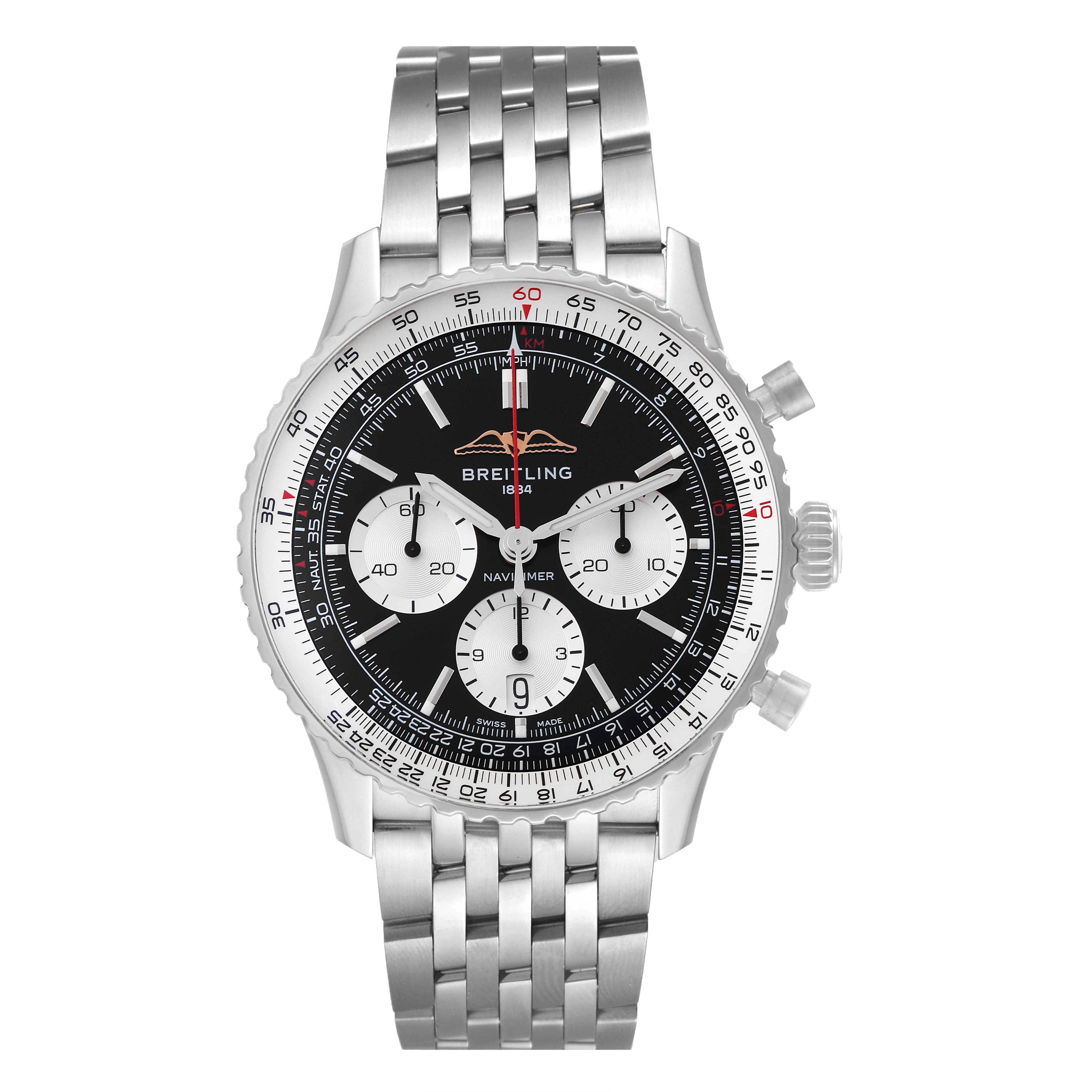 This image shows a frontal view of a Breitling Navitimer AB0138211B1A1 Men's Stainless Steel Black Dial AB0138211B1A1 Men's Stainless Steel Black Dial watch, featuring a black dial, three subdials, and a stainless steel bracelet.