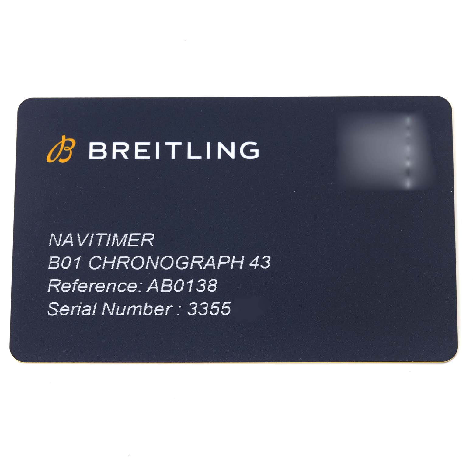 The image shows a warranty or identification card for the Breitling Navitimer AB0138211B1A1 Men's Stainless Steel Black Dial AB0138211B1A1 Men's Stainless Steel Black Dial B01 Chronograph 43 watch, model reference AB0138.