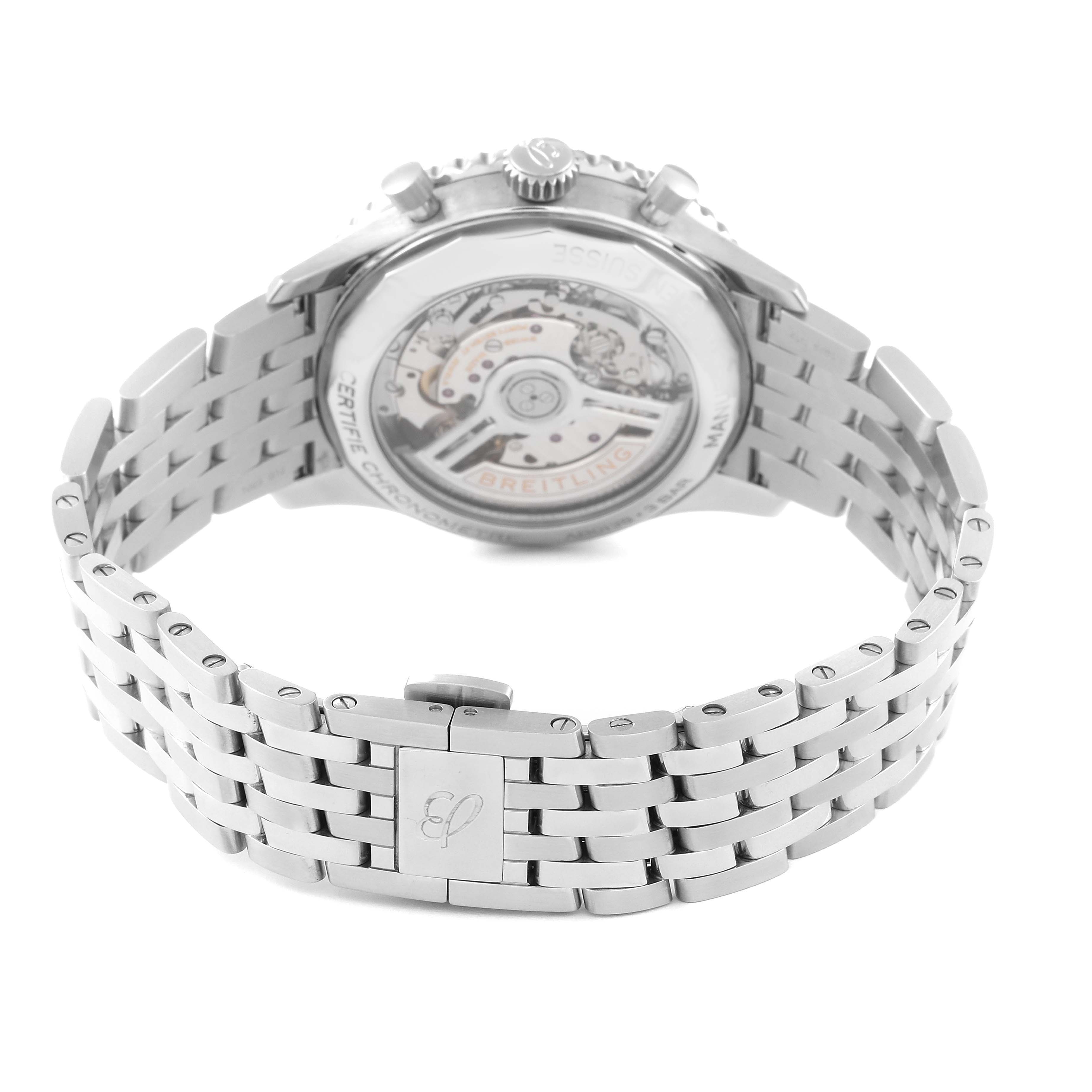 The image shows the back view of the Breitling Navitimer AB0138211B1A1 Men's Stainless Steel Black Dial AB0138211B1A1 Men's Stainless Steel Black Dial watch, highlighting its exposed movement and stainless steel bracelet.