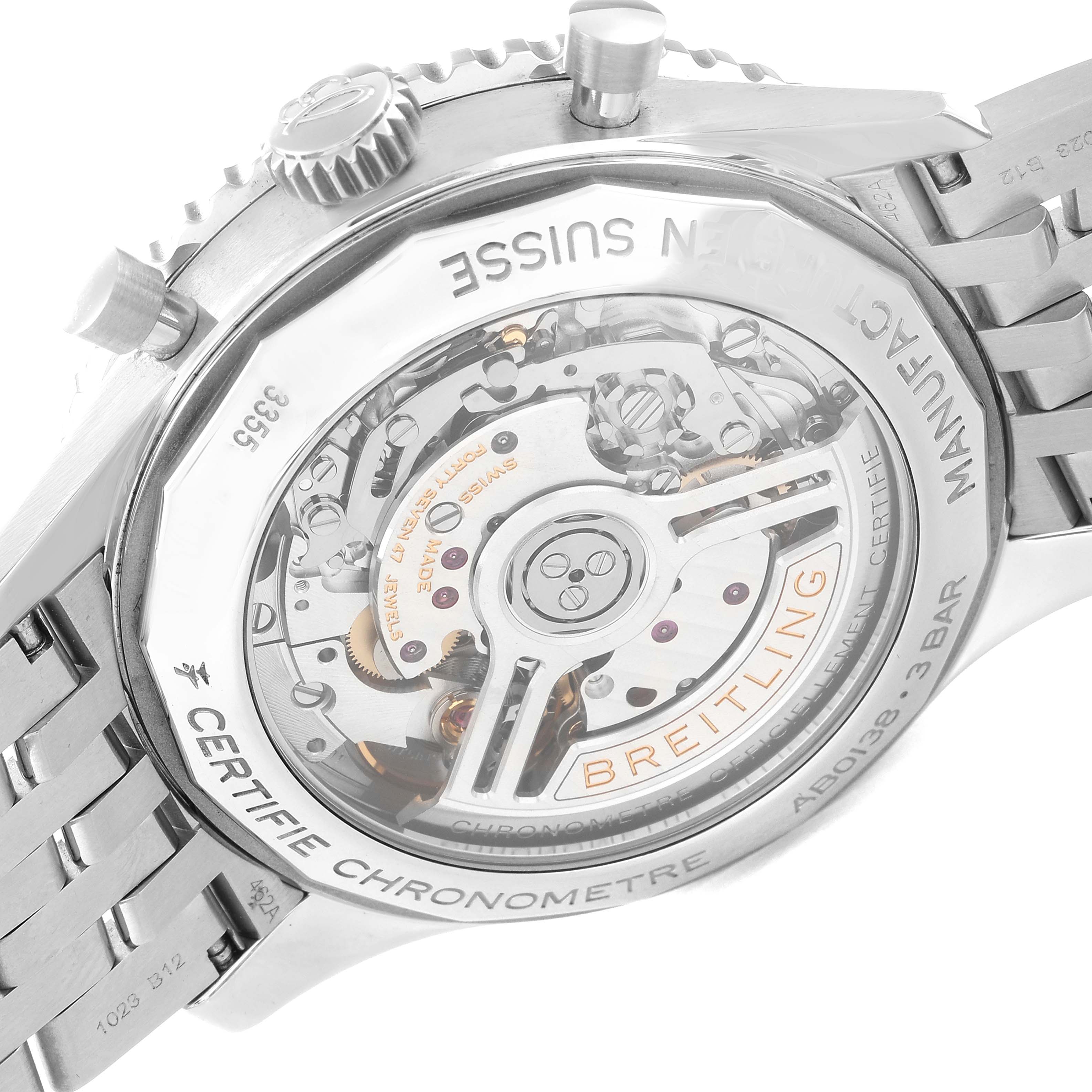 The image shows the case back and movement of a Breitling Navitimer AB0138211B1A1 Men's Stainless Steel Black Dial AB0138211B1A1 Men's Stainless Steel Black Dial watch from a rear angle.