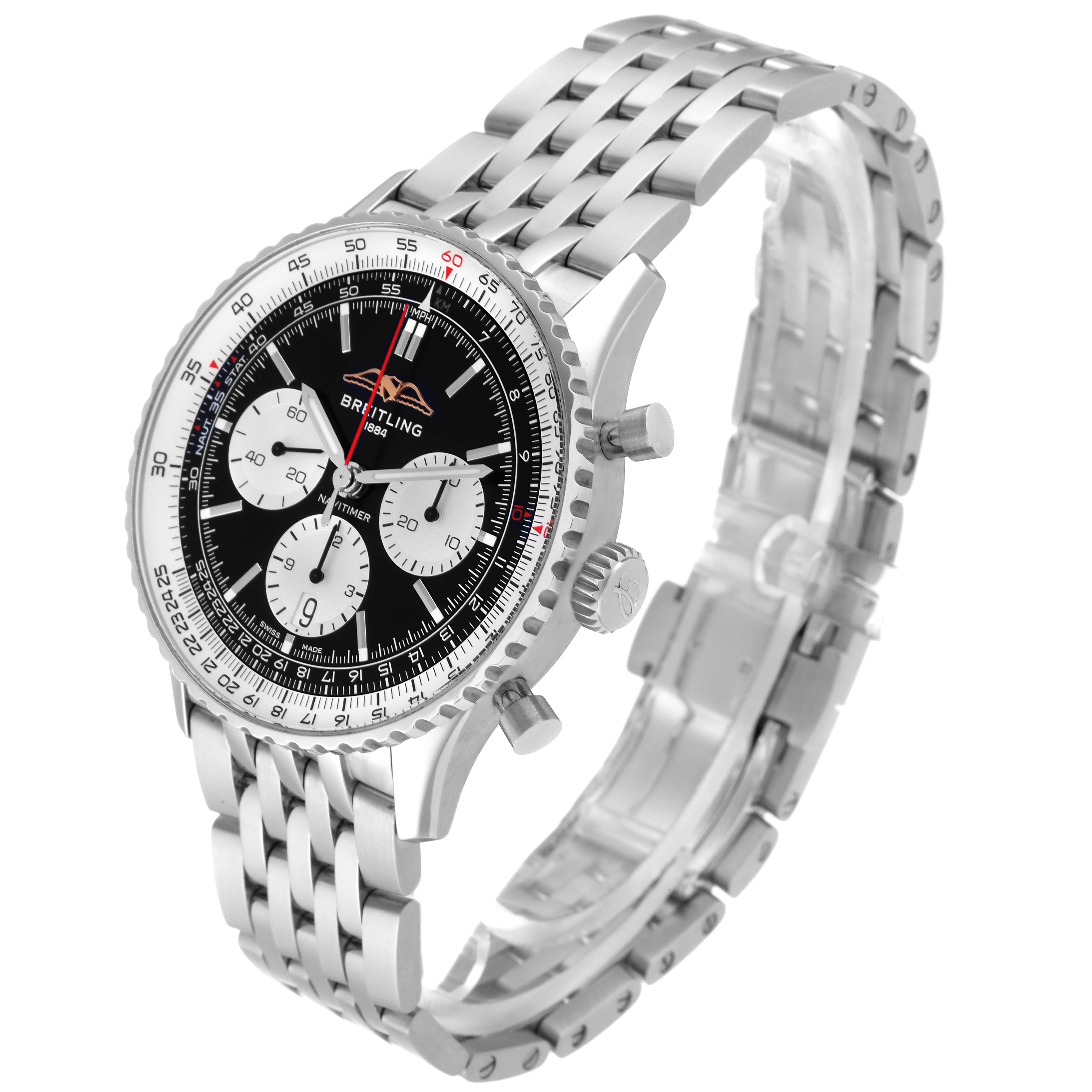 The image shows a side angle of the Breitling Navitimer AB0138211B1A1 Men's Stainless Steel Black Dial AB0138211B1A1 Men's Stainless Steel Black Dial watch, highlighting its dial, crown, pushers, and stainless steel bracelet.