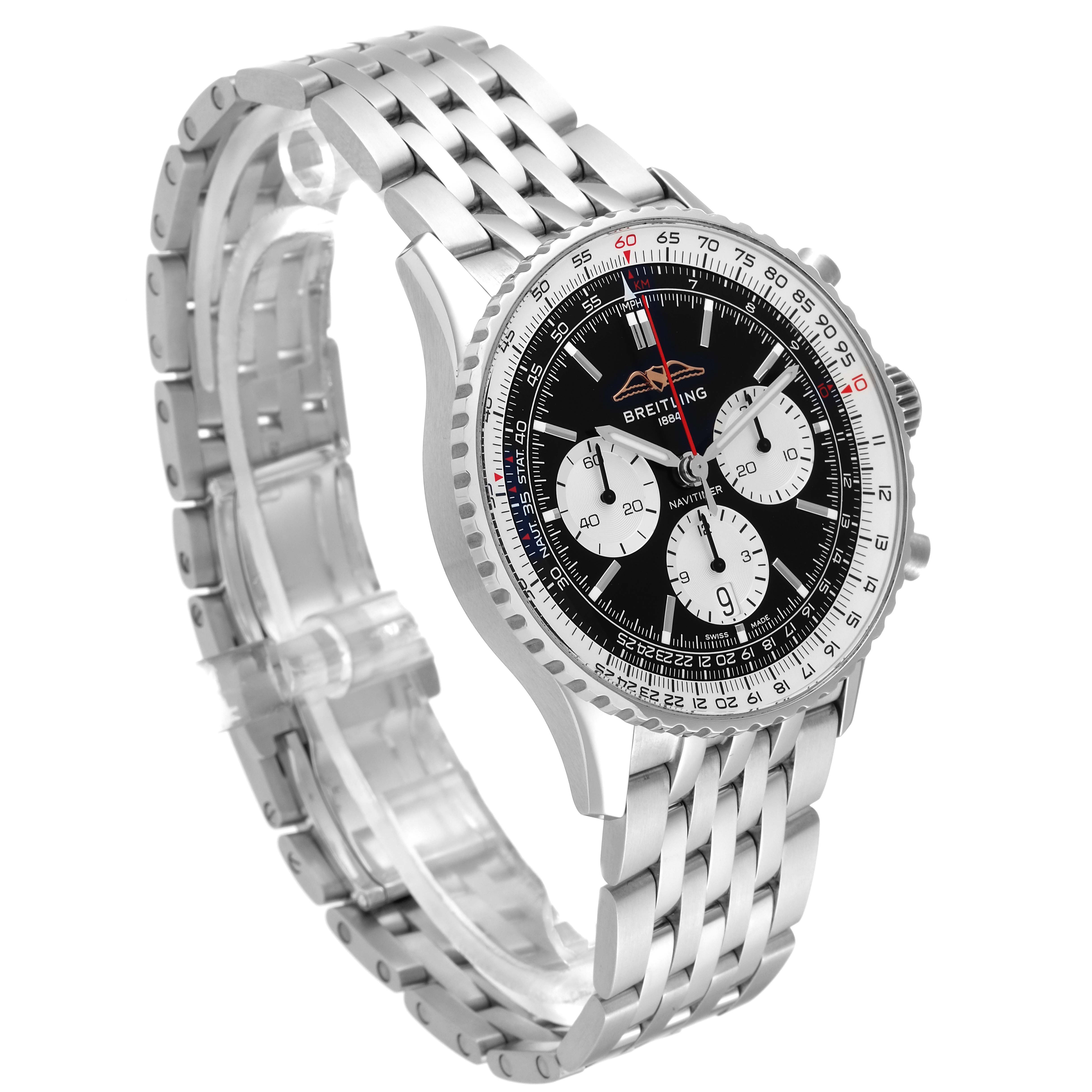 The image shows a side-angle view of a Breitling Navitimer AB0138211B1A1 Men's Stainless Steel Black Dial AB0138211B1A1 Men's Stainless Steel Black Dial watch, featuring the watch face and metal bracelet.