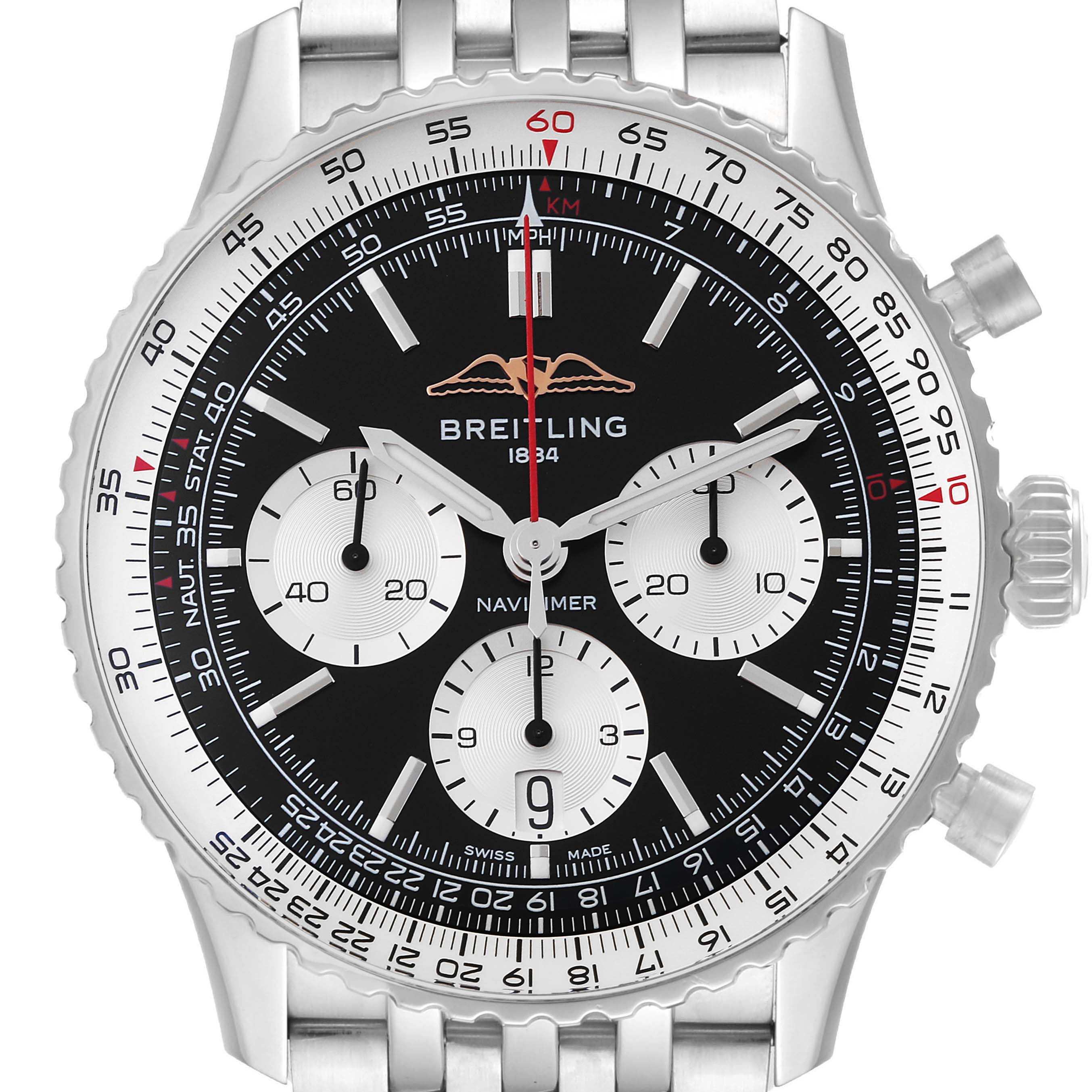 The image shows a front view of the Breitling Navitimer AB0138211B1A1 Men's Stainless Steel Black Dial AB0138211B1A1 Men's Stainless Steel Black Dial watch, displaying the face, dials, and part of the metal bracelet.