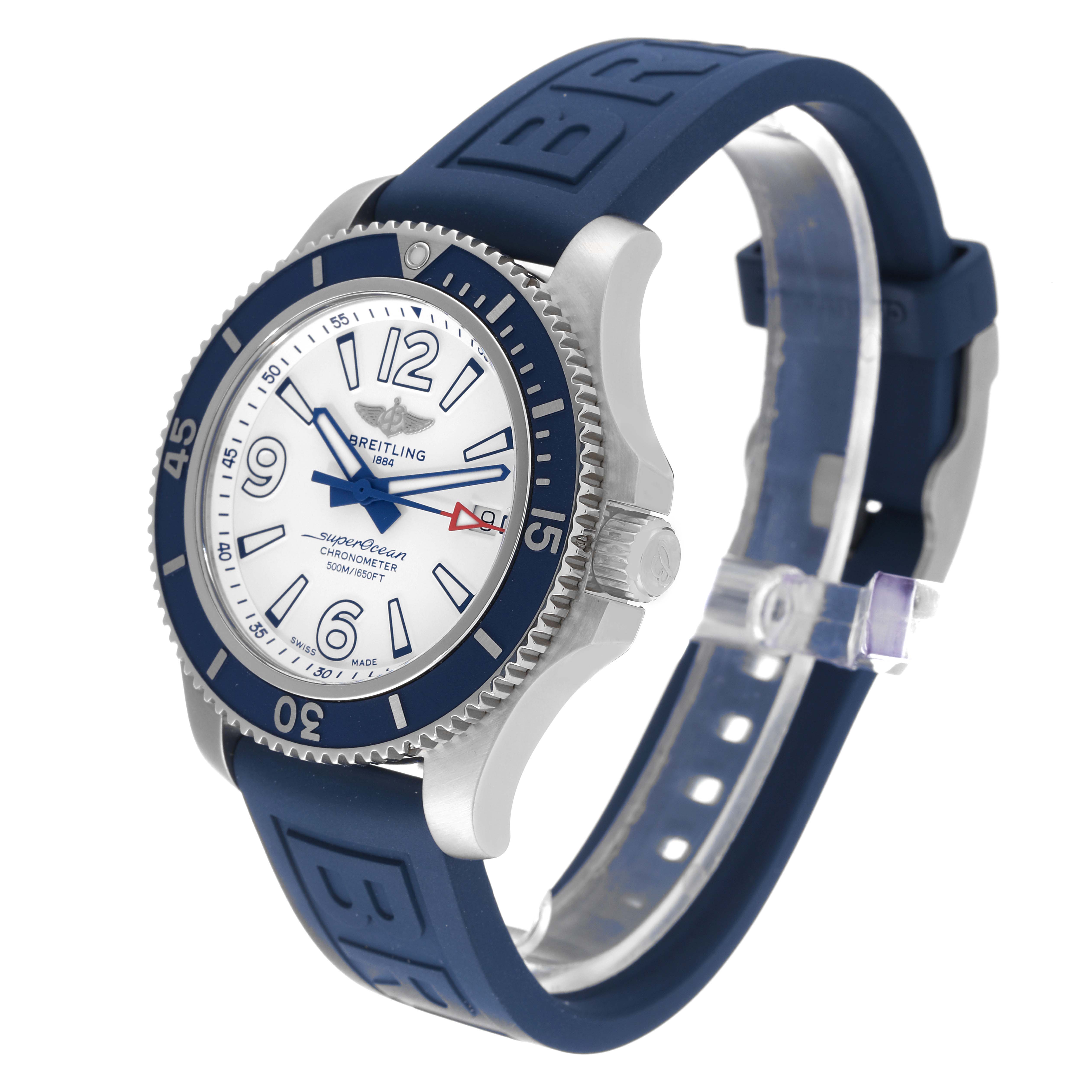 The Breitling Superocean A17366 Men's Stainless Steel White Dial A17366 Men's Stainless Steel White Dial watch is shown at a slight angle, displaying the dial, bezel, crown, and part of the blue rubber strap.