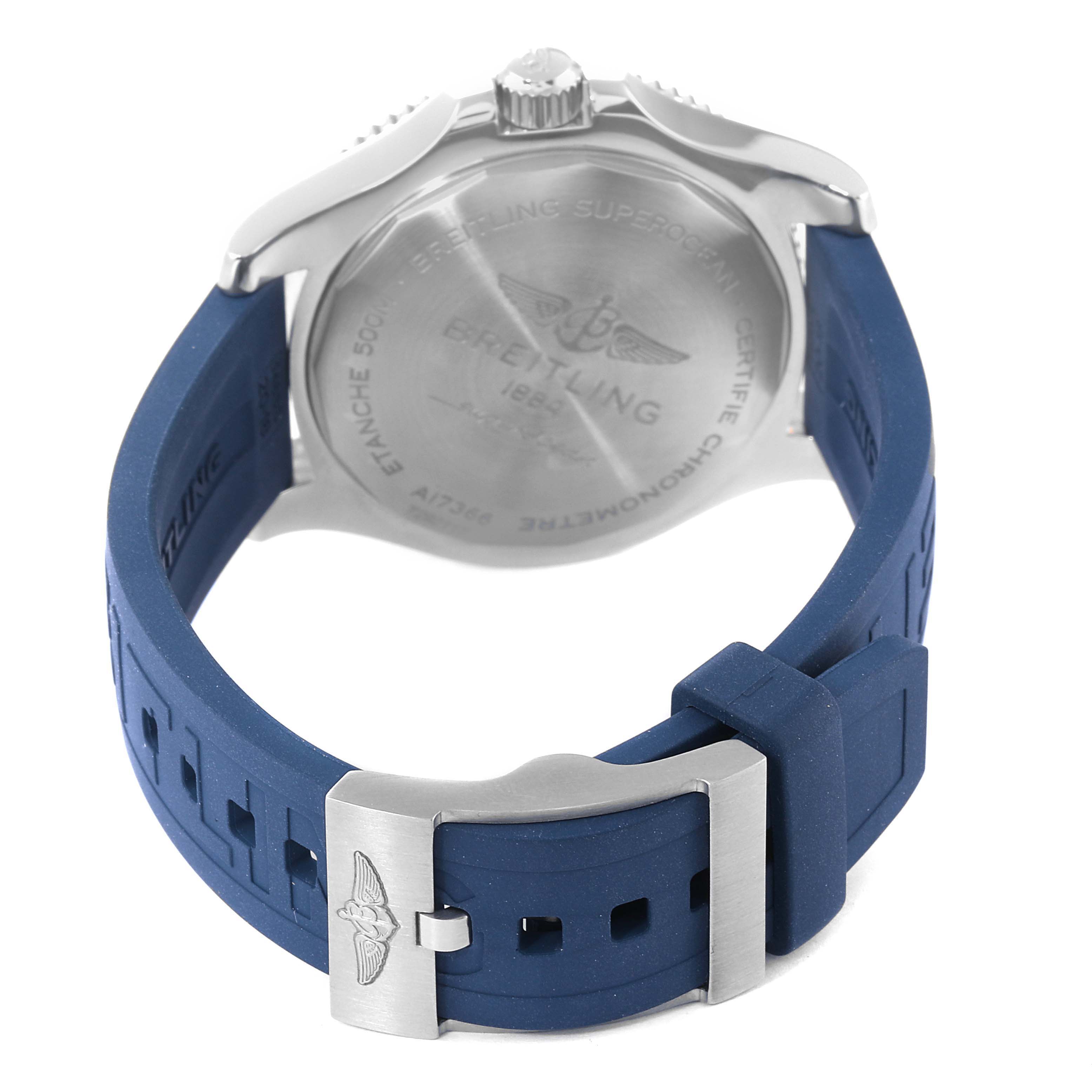 The image shows the back case and clasp of a Breitling Superocean A17366 Men's Stainless Steel White Dial A17366 Men's Stainless Steel White Dial watch with a blue rubber strap.