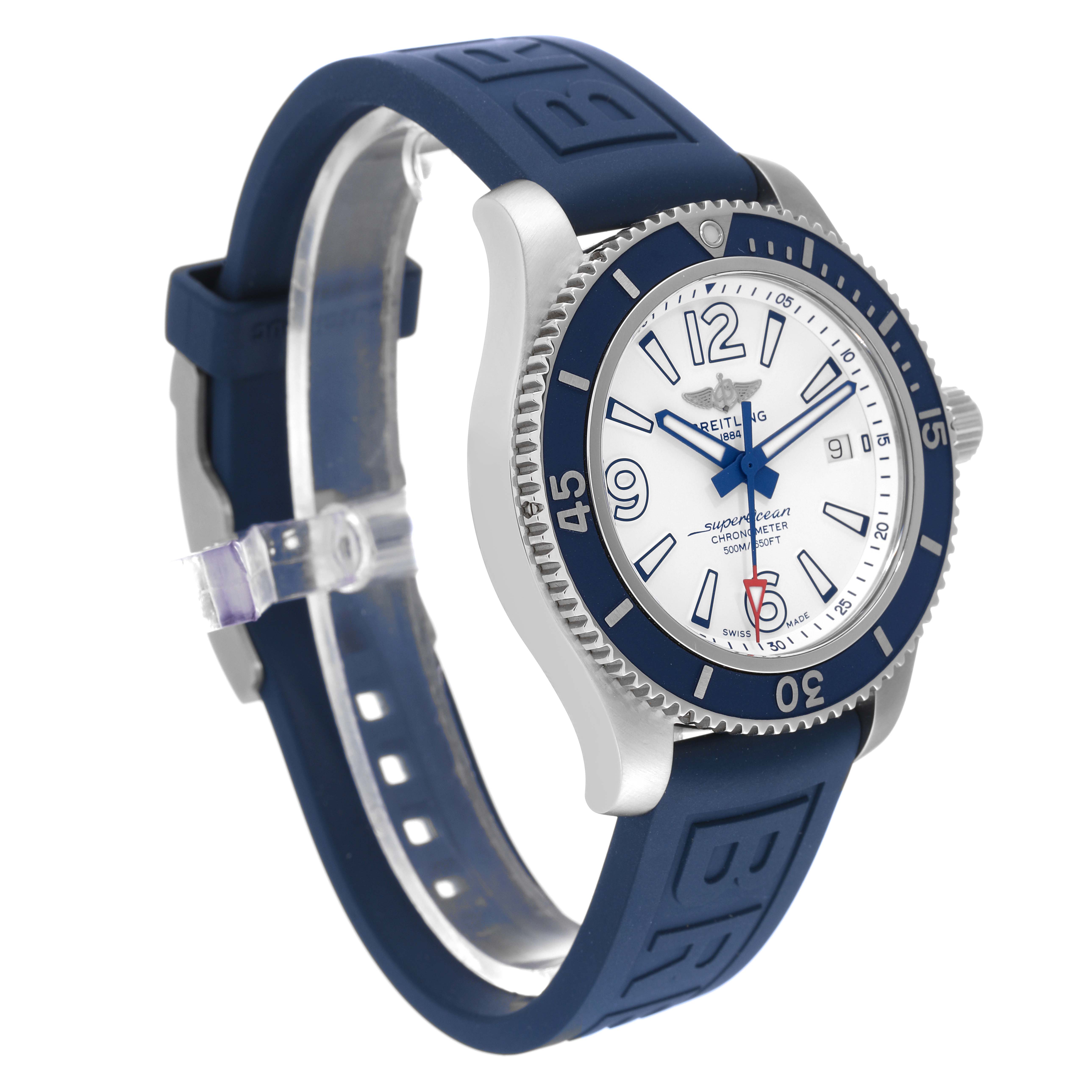 The Breitling Superocean A17366 Men's Stainless Steel White Dial A17366 Men's Stainless Steel White Dial watch is shown at a three-quarter angle, showcasing the dial, bezel, and blue strap.