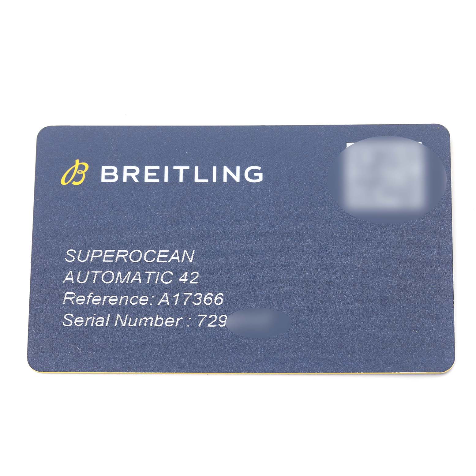 The image shows the warranty card of a Breitling Superocean A17366 Men's Stainless Steel White Dial A17366 Men's Stainless Steel White Dial Automatic 42 watch with reference number A17366.