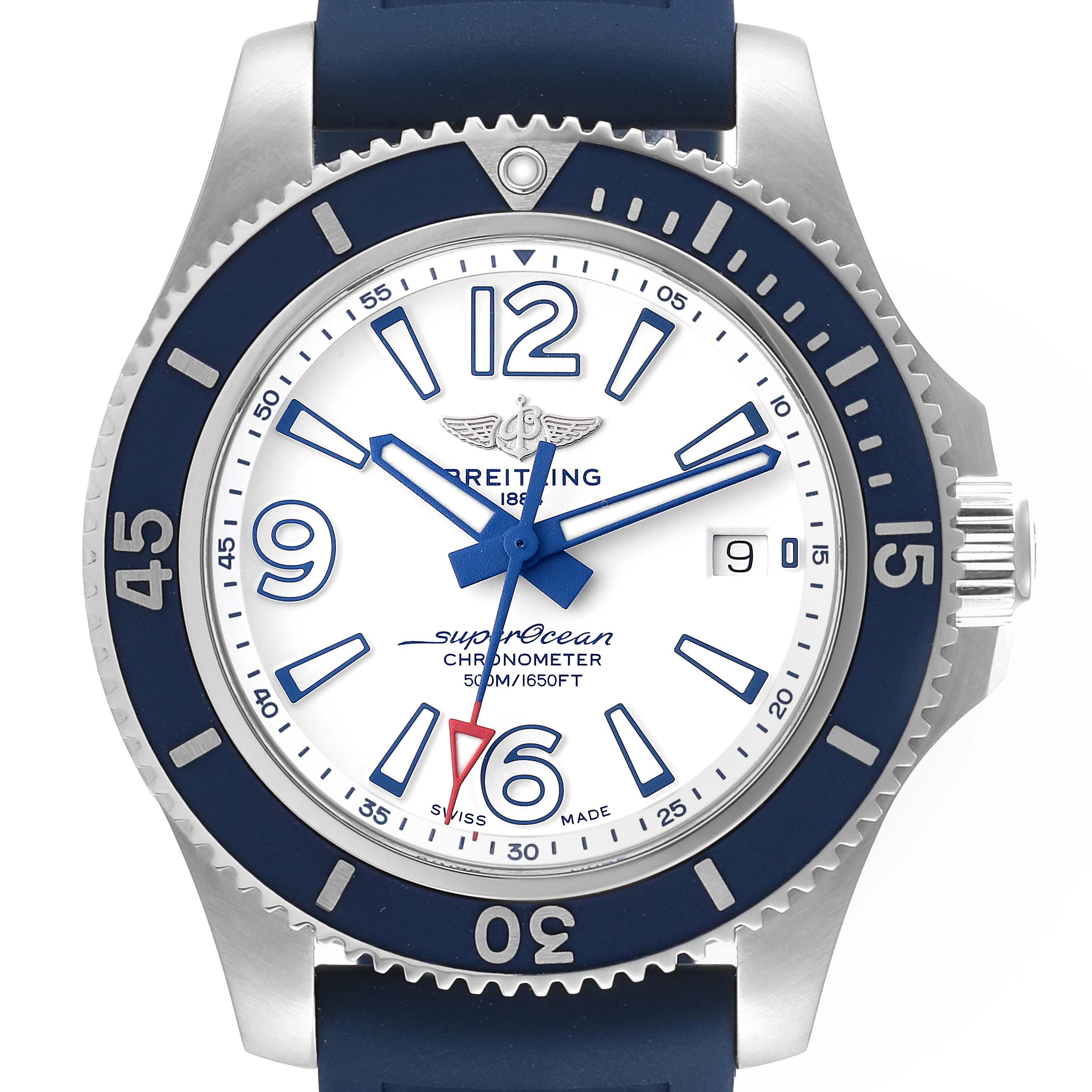 This image shows a front view of the Breitling Superocean A17366 Men's Stainless Steel White Dial A17366 Men's Stainless Steel White Dial watch, displaying the dial, bezel, and crown.