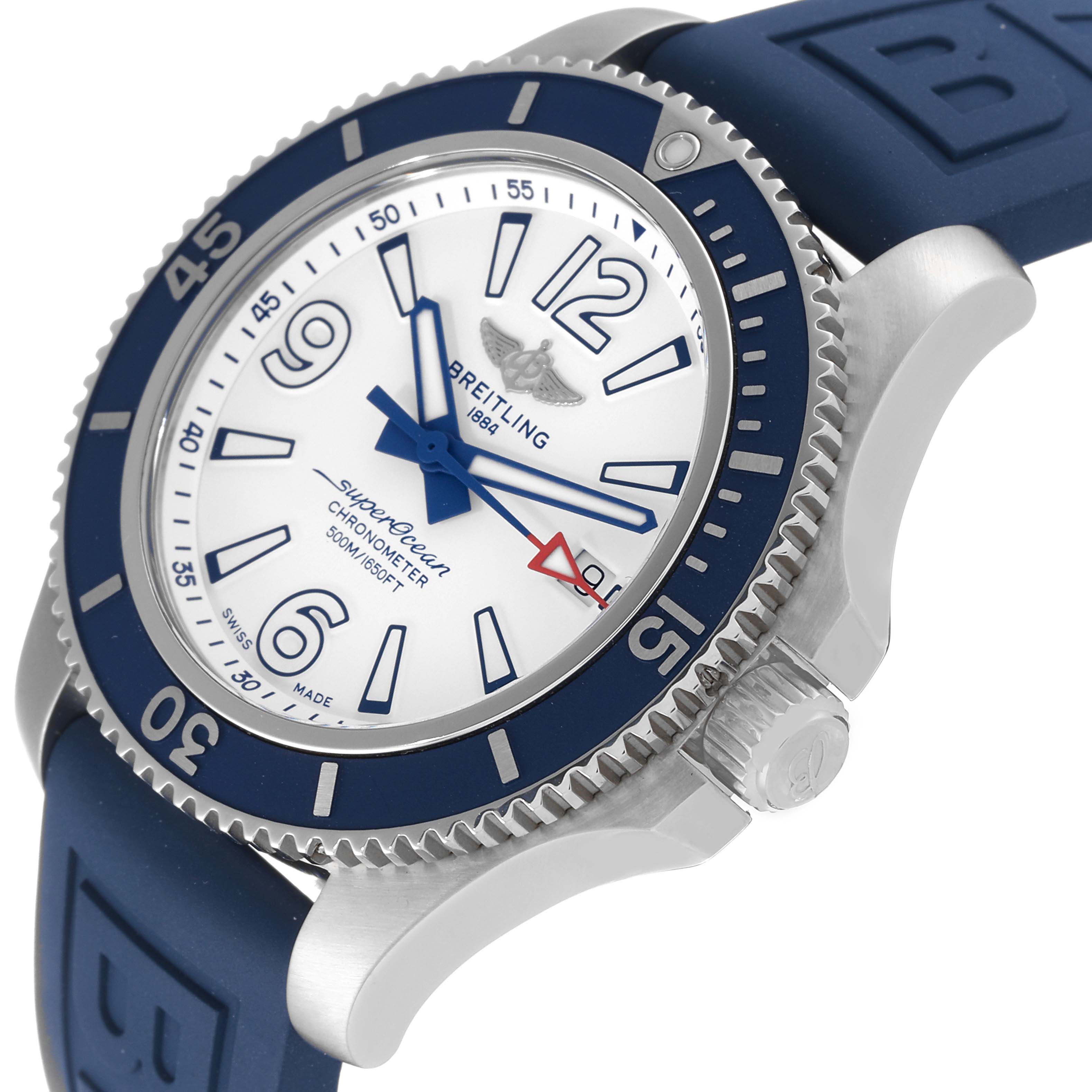 The image shows a side view of the Breitling Superocean A17366 Men's Stainless Steel White Dial A17366 Men's Stainless Steel White Dial watch, focusing on its dial, bezel, crown, and blue strap.