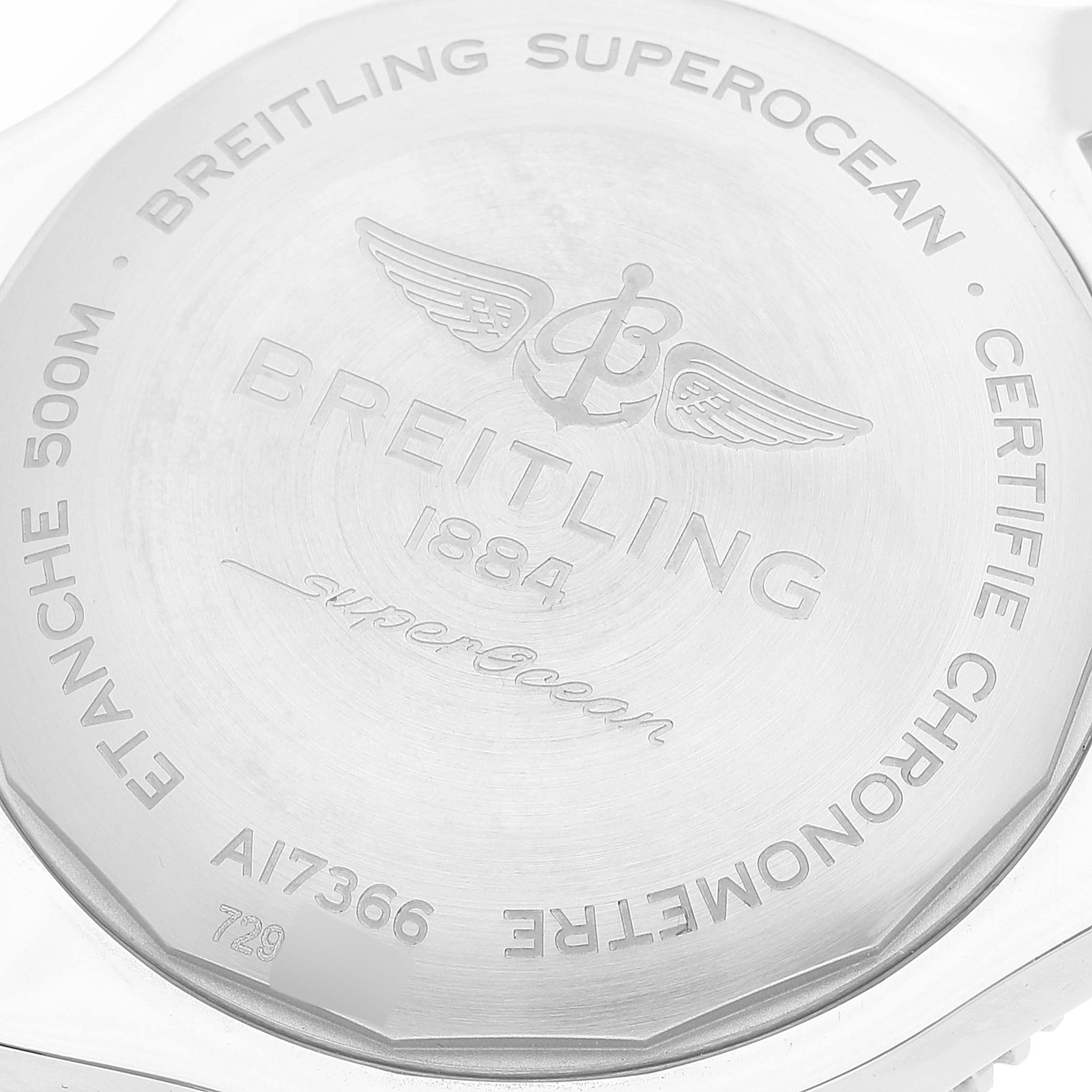 This image shows the back case of a Breitling Superocean A17366 Men's Stainless Steel White Dial A17366 Men's Stainless Steel White Dial watch, emphasizing its engravings and branding.