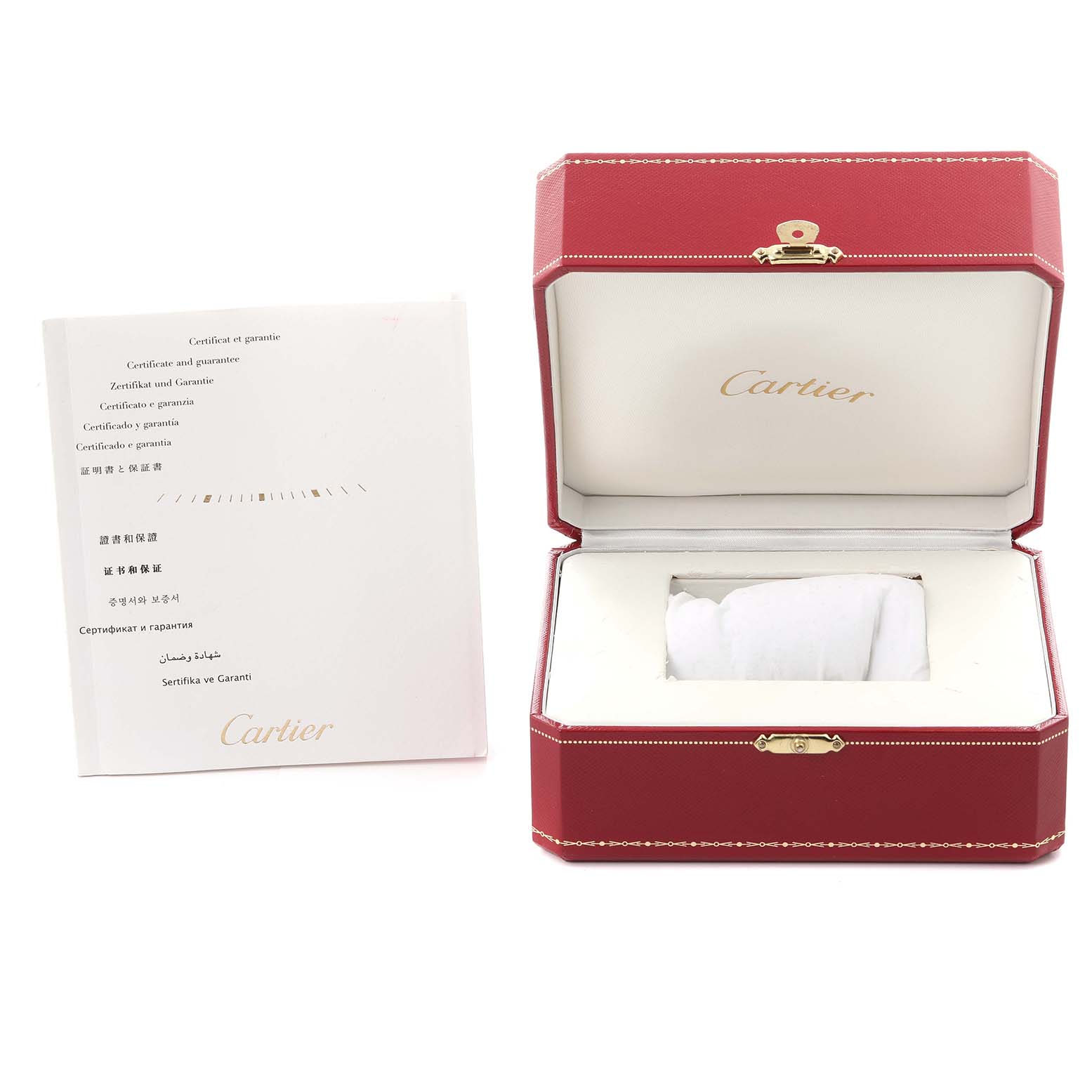 The image shows the Cartier Clé watch box, a red, open case with the brand logo and documents.