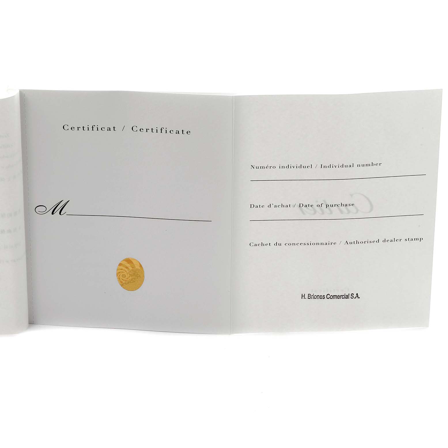 The image shows an open certificate for a Cartier Clé watch, displaying fields for an individual number, purchase date, and dealer stamp.