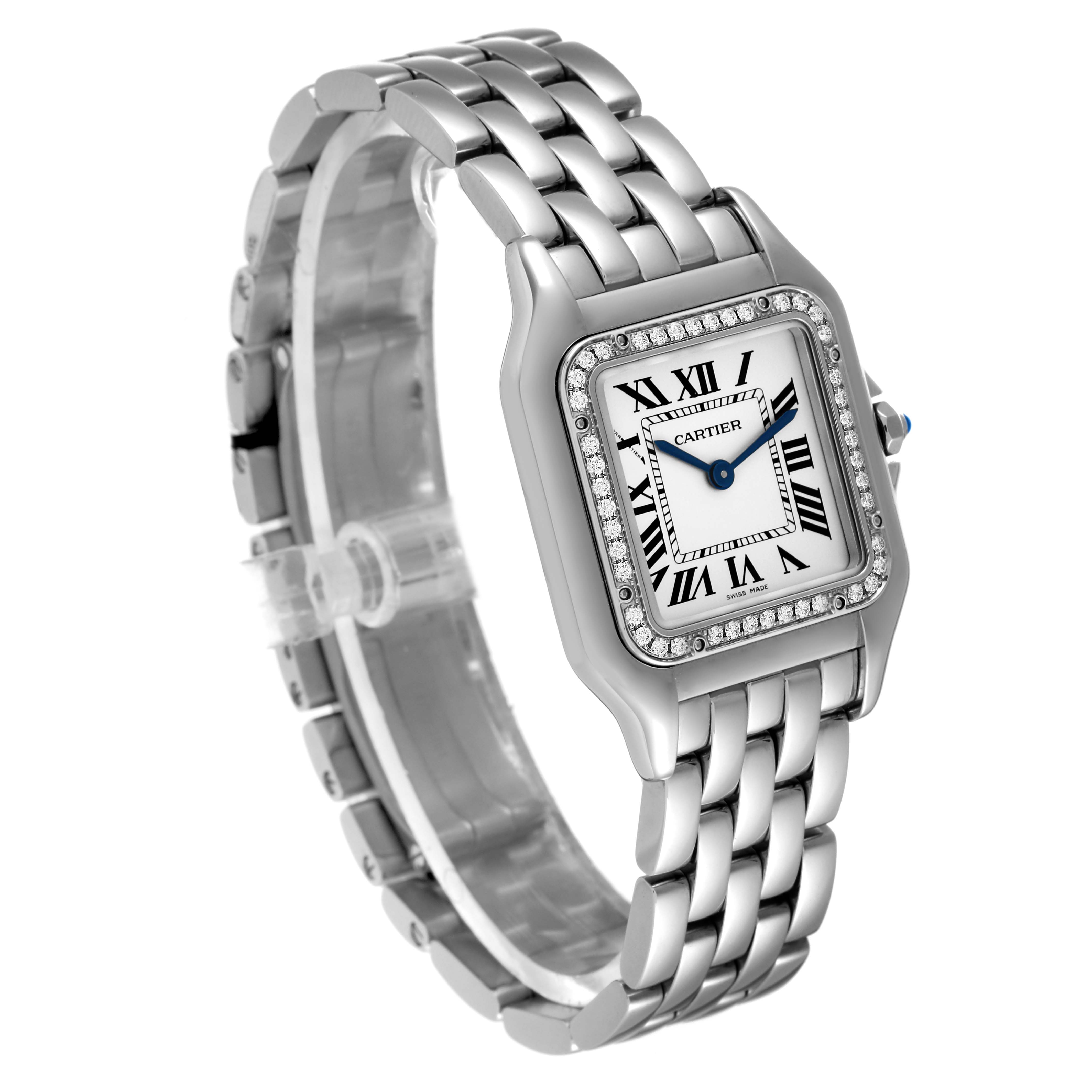 The Panthere de Cartier watch is shown at a slight angle, highlighting its face and bracelet.