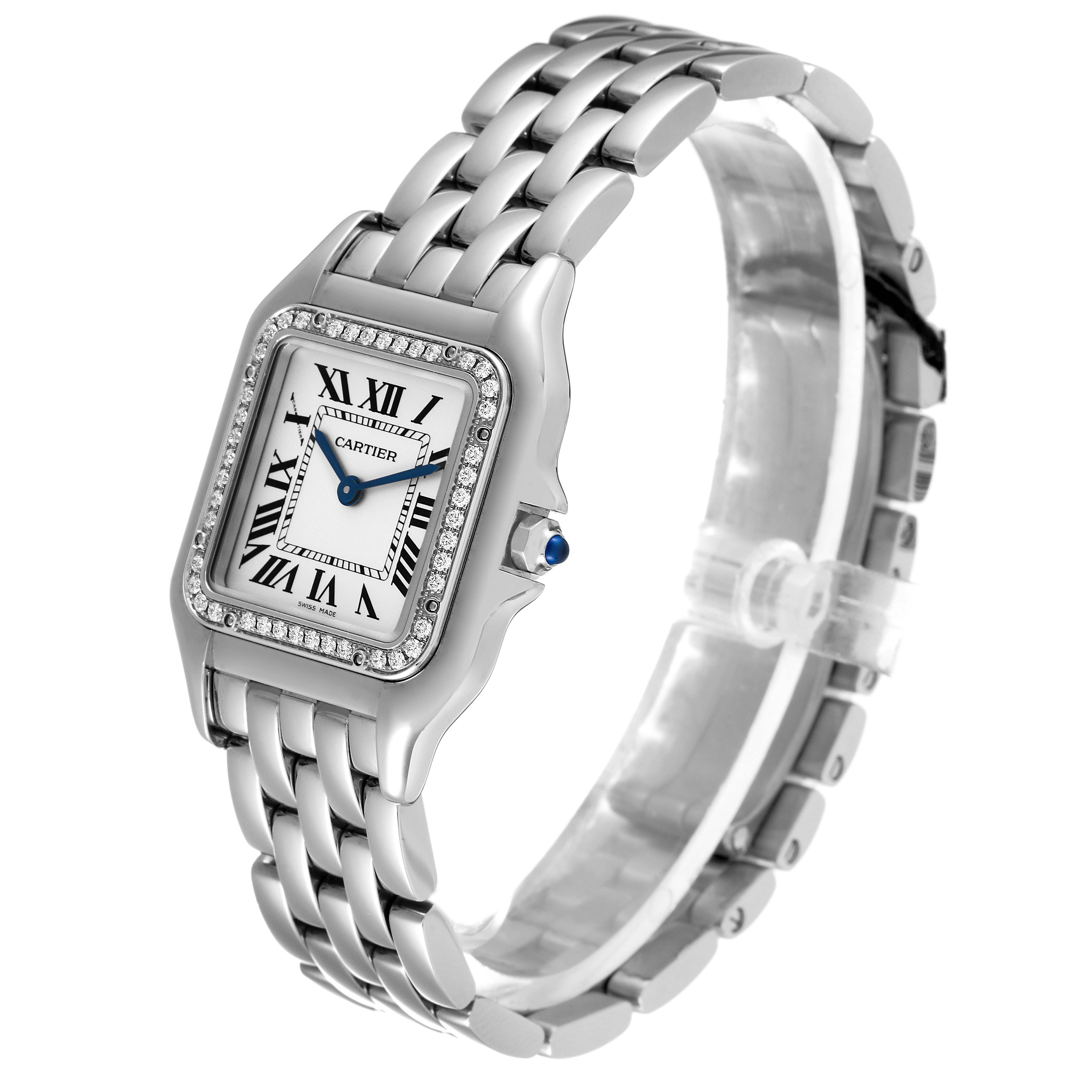 The Cartier Panthere W4PN0008 Women's Stainless Steel Silver Dial W4PN0008 Women's Stainless Steel Silver Dial watch is shown at a three-quarter angle, highlighting the dial, bezel, and bracelet.