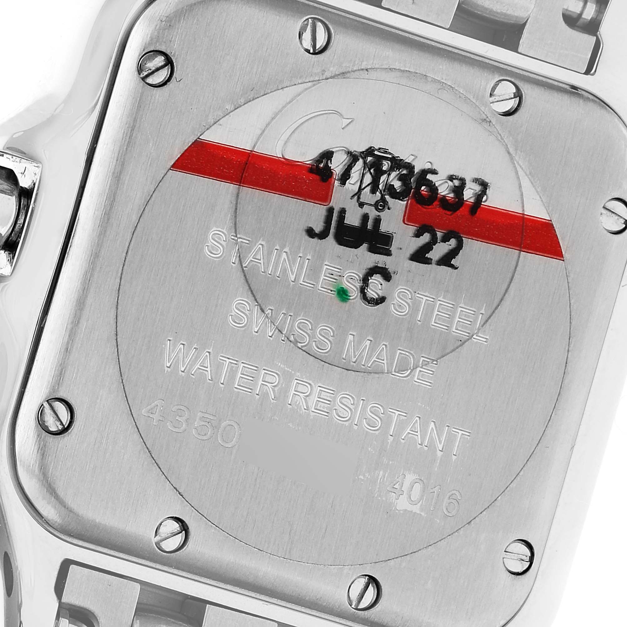 The image shows the back case of the Cartier Panthere W4PN0008 Women's Stainless Steel Silver Dial W4PN0008 Women's Stainless Steel Silver Dial model watch, highlighting the engravings and the stainless steel material.
