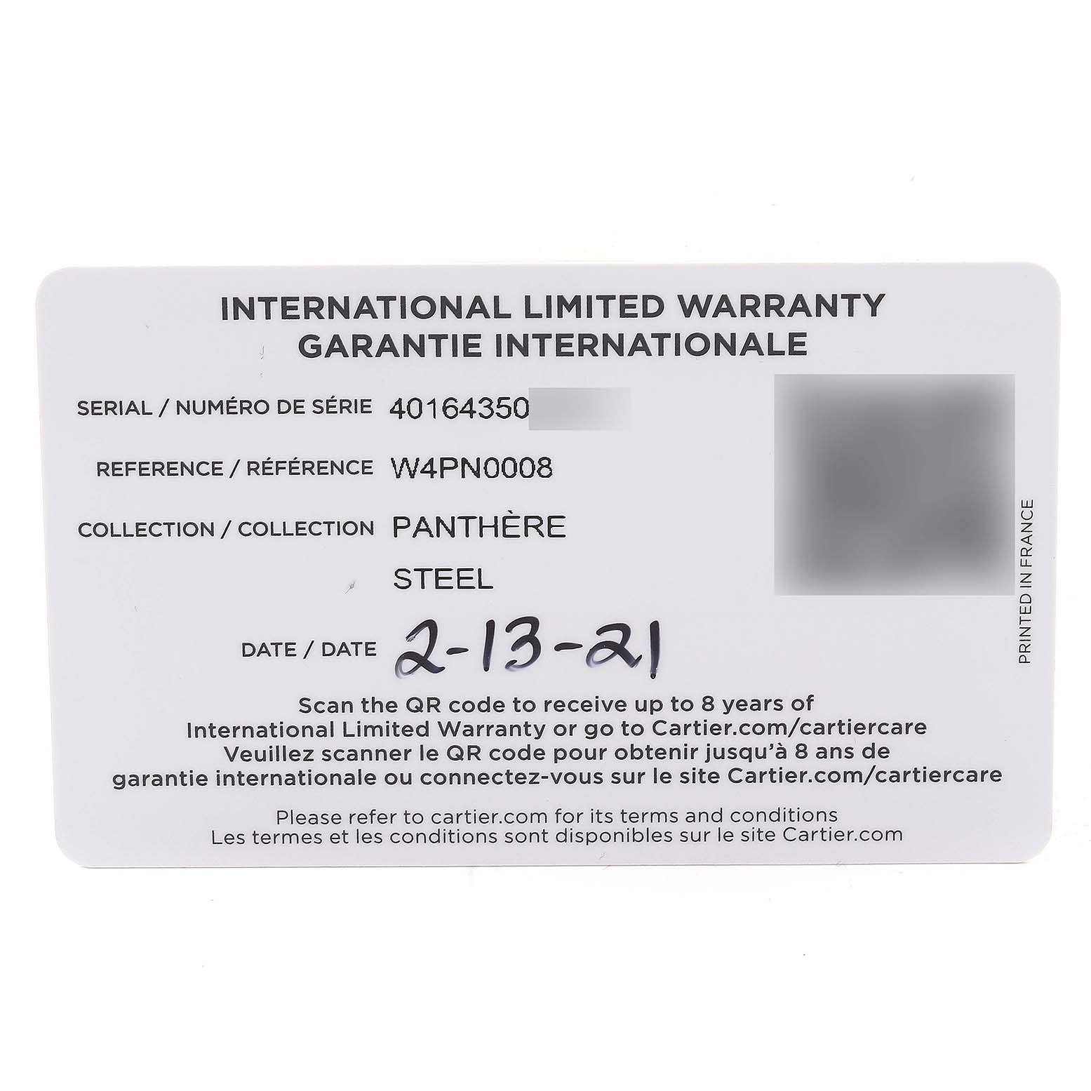 The image shows the warranty card for the Panthère model by Cartier, detailing its serial number, reference, and collection.