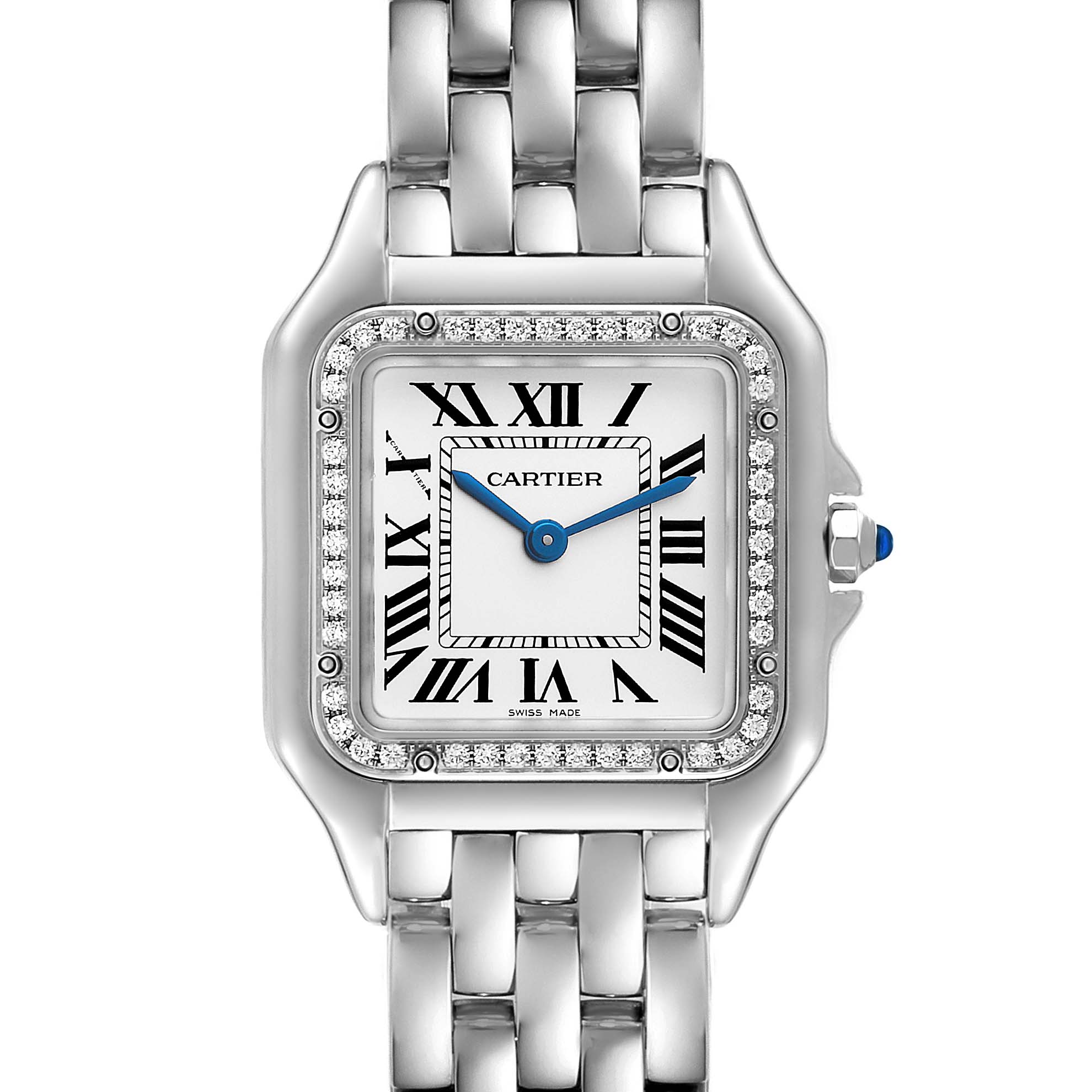 This image shows a front view of the Cartier Panthere W4PN0008 Women's Stainless Steel Silver Dial W4PN0008 Women's Stainless Steel Silver Dial watch, highlighting its square face, Roman numerals, and linked bracelet.