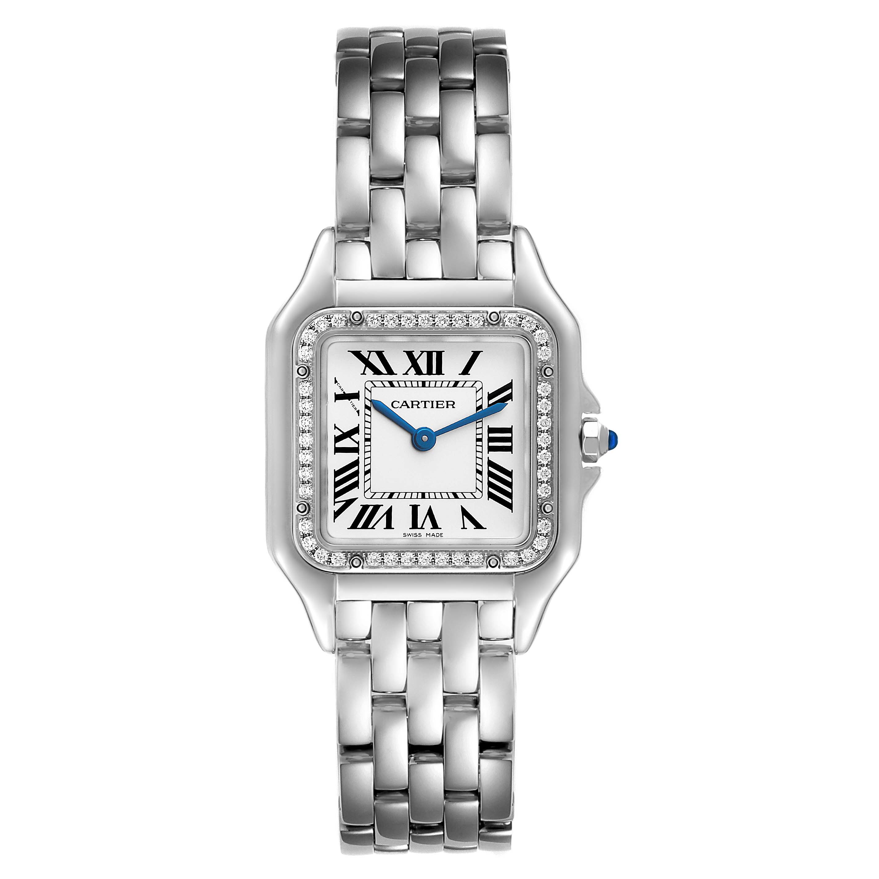 The image shows a full frontal view of the Cartier Panthere W4PN0008 Women's Stainless Steel Silver Dial W4PN0008 Women's Stainless Steel Silver Dial watch, highlighting its face, bracelet, and bezel.