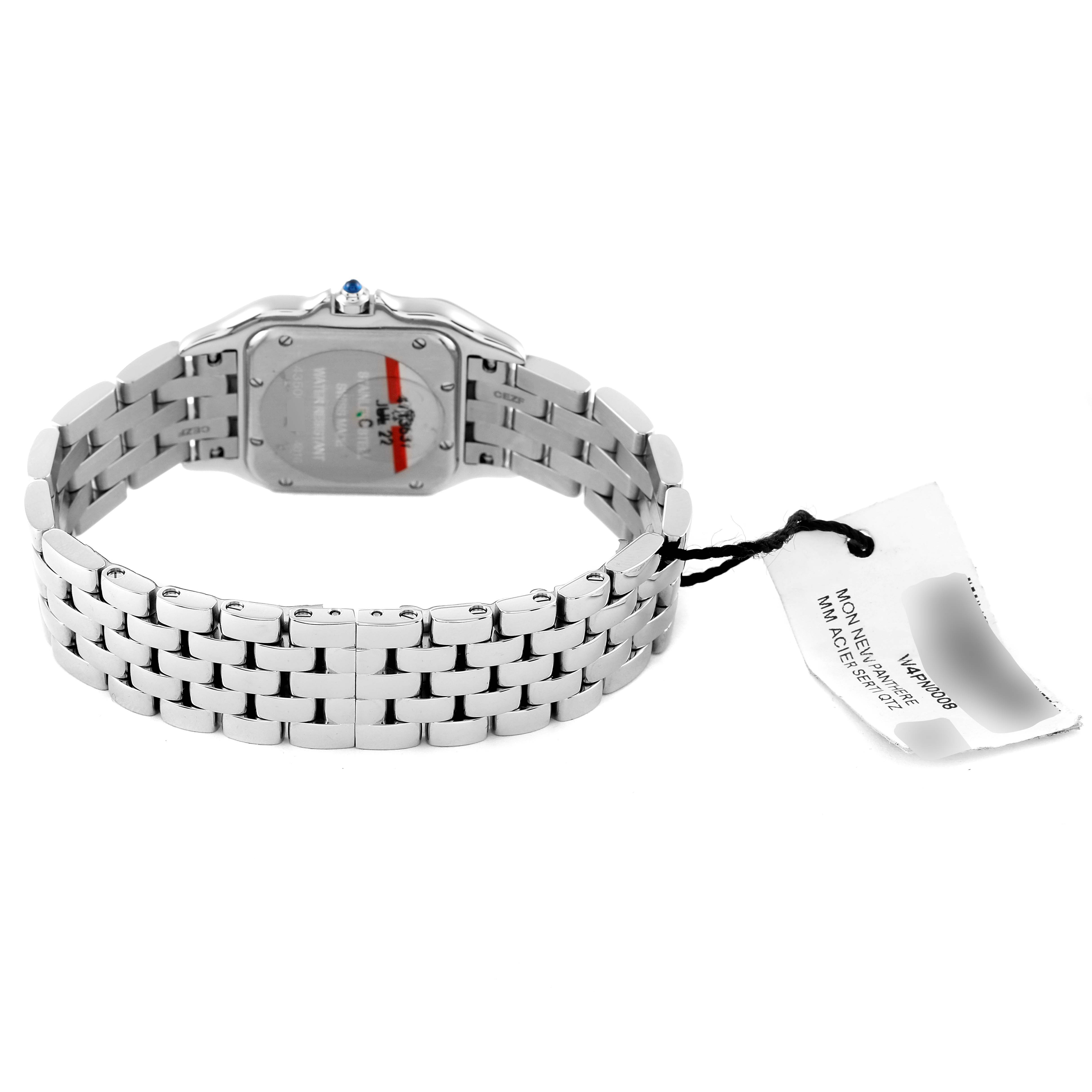 This image shows the back view of the Cartier Panthere W4PN0008 Women's Stainless Steel Silver Dial W4PN0008 Women's Stainless Steel Silver Dial watch and its metal bracelet, with a tag attached.