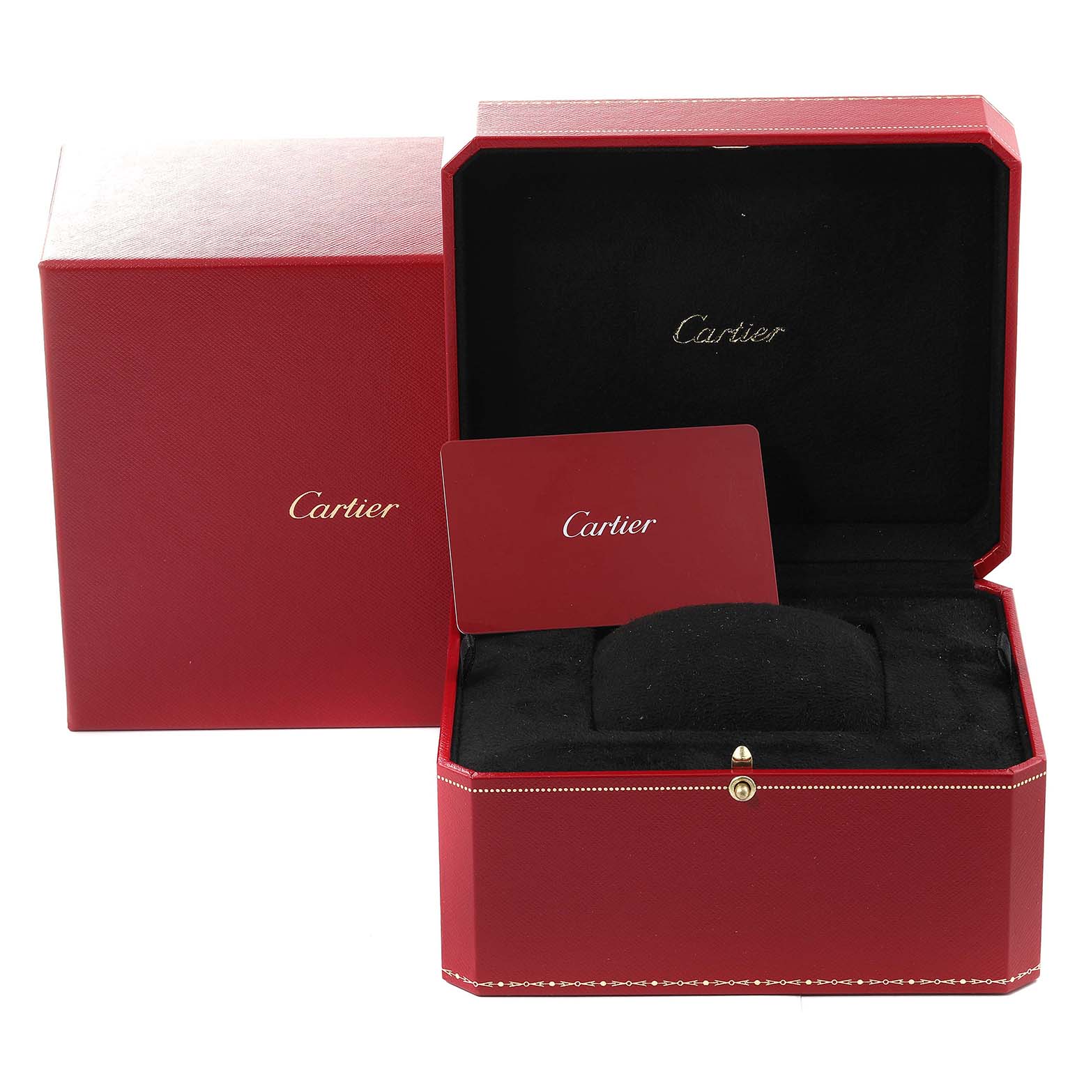 The image shows an open Cartier Panthere W4PN0008 Women's Stainless Steel Silver Dial W4PN0008 Women's Stainless Steel Silver Dial watch box and a Cartier card inside a cushioned red and black case.