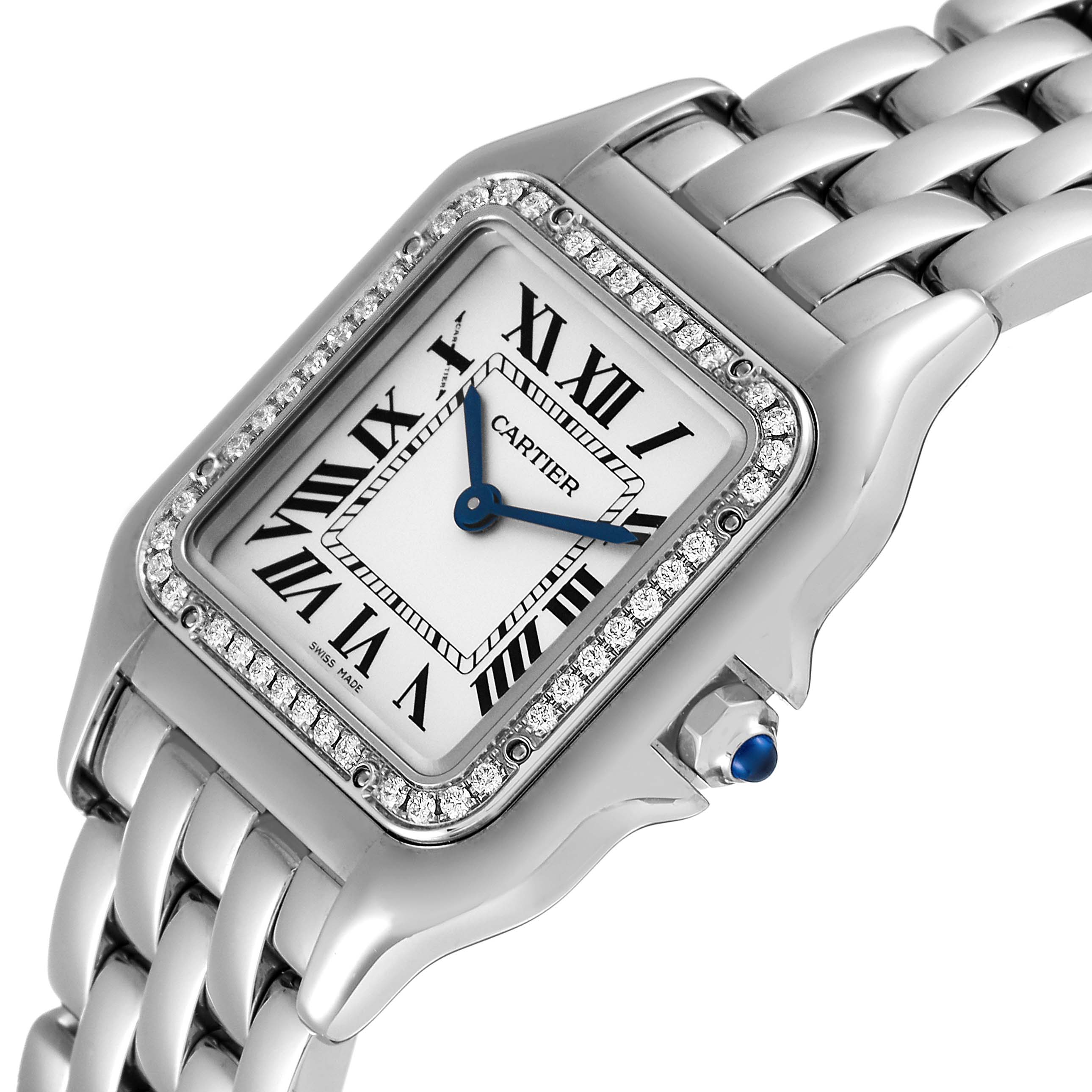 This is a close-up view showing the face, bezel, and part of the band of the Cartier Panthere W4PN0008 Women's Stainless Steel Silver Dial W4PN0008 Women's Stainless Steel Silver Dial watch.