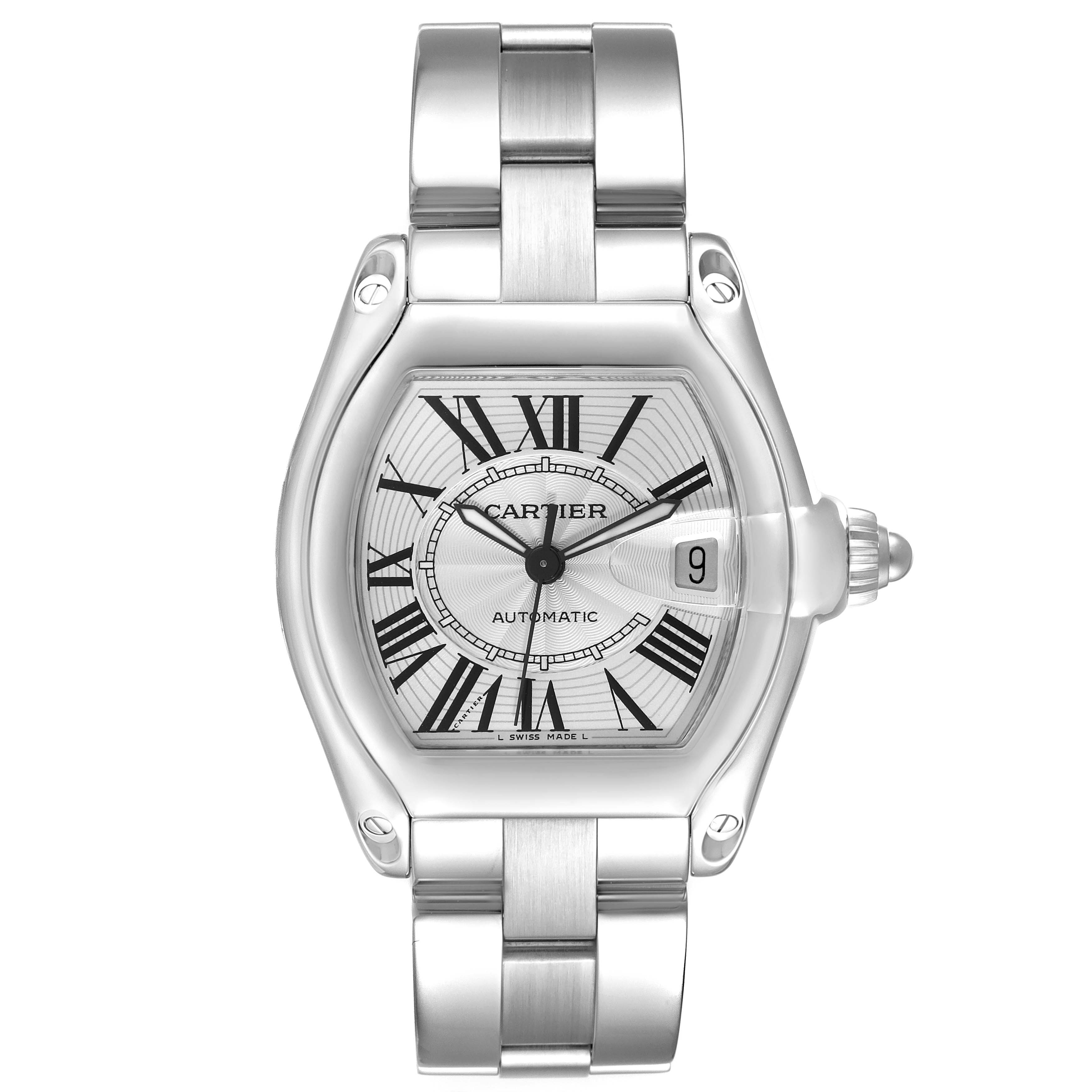 The image shows a front view of the Cartier Roadster W62025V3 Men's Stainless Steel Silver Dial W62025V3 Men's Stainless Steel Silver Dial watch, highlighting its dial, bracelet, and clasp.
