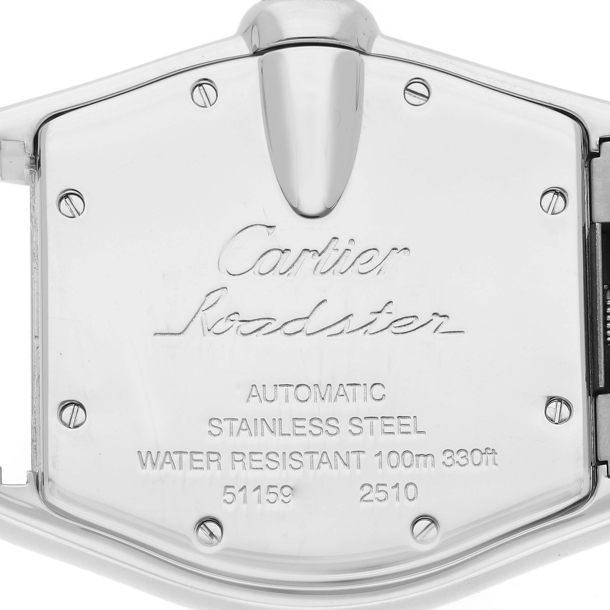 The image shows the back case of a Cartier Roadster W62025V3 Men's Stainless Steel Silver Dial W62025V3 Men's Stainless Steel Silver Dial watch displaying the model information and water resistance details.