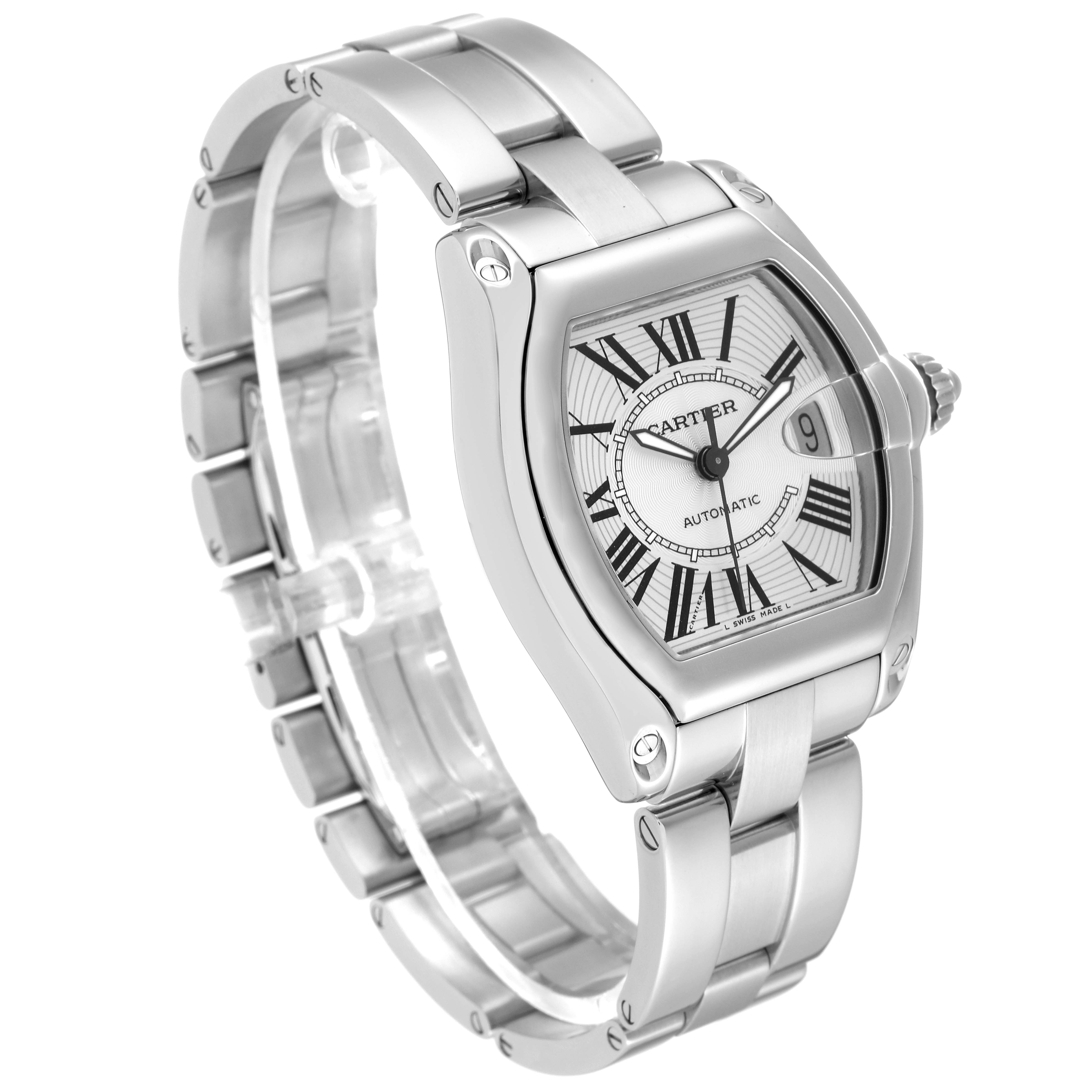This image shows a Cartier Roadster W62025V3 Men's Stainless Steel Silver Dial W62025V3 Men's Stainless Steel Silver Dial model watch from an angled view, highlighting the face, bracelet, and crown.