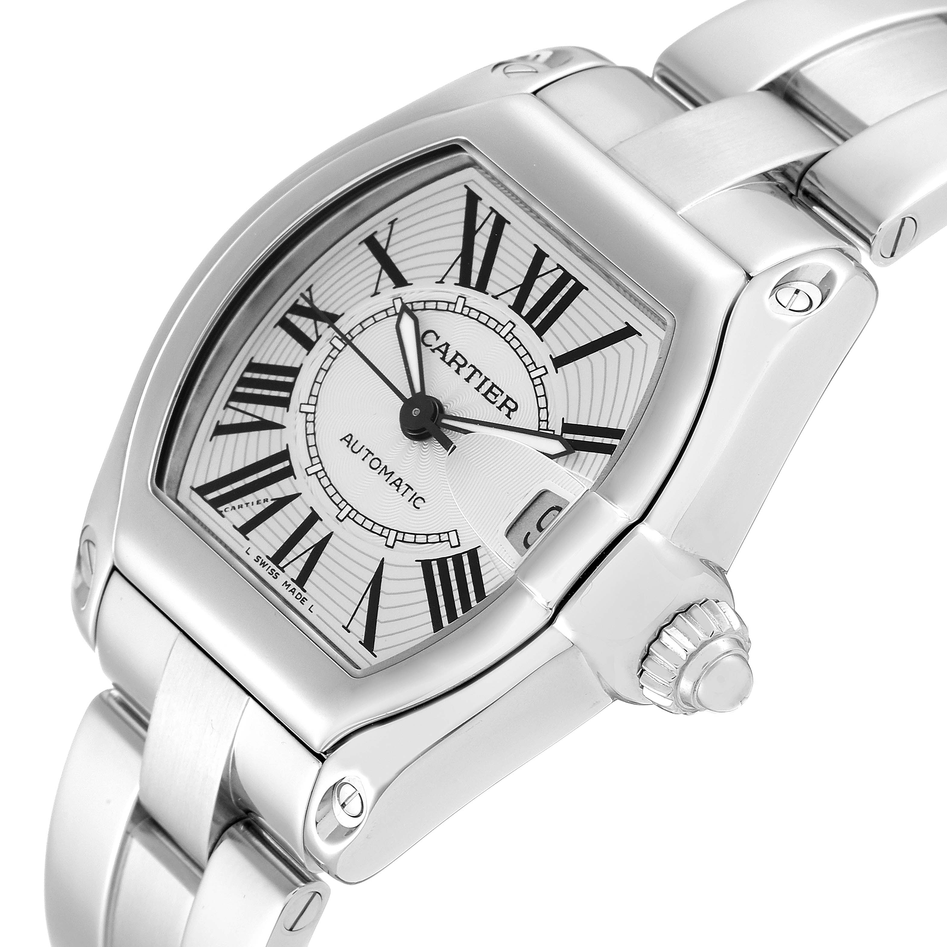 The image shows a close-up angle of the Cartier Roadster W62025V3 Men's Stainless Steel Silver Dial W62025V3 Men's Stainless Steel Silver Dial watch, highlighting its face, dial, case, and part of the stainless steel bracelet.
