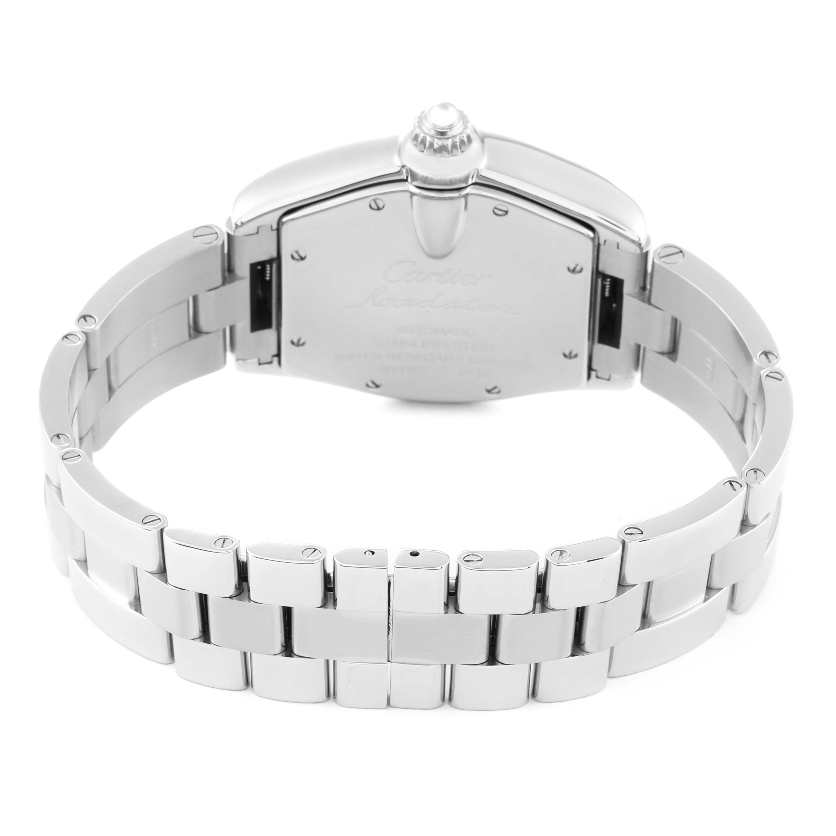 This image shows the back of a Cartier Roadster W62025V3 Men's Stainless Steel Silver Dial W62025V3 Men's Stainless Steel Silver Dial watch, focusing on the metallic bracelet and case back.