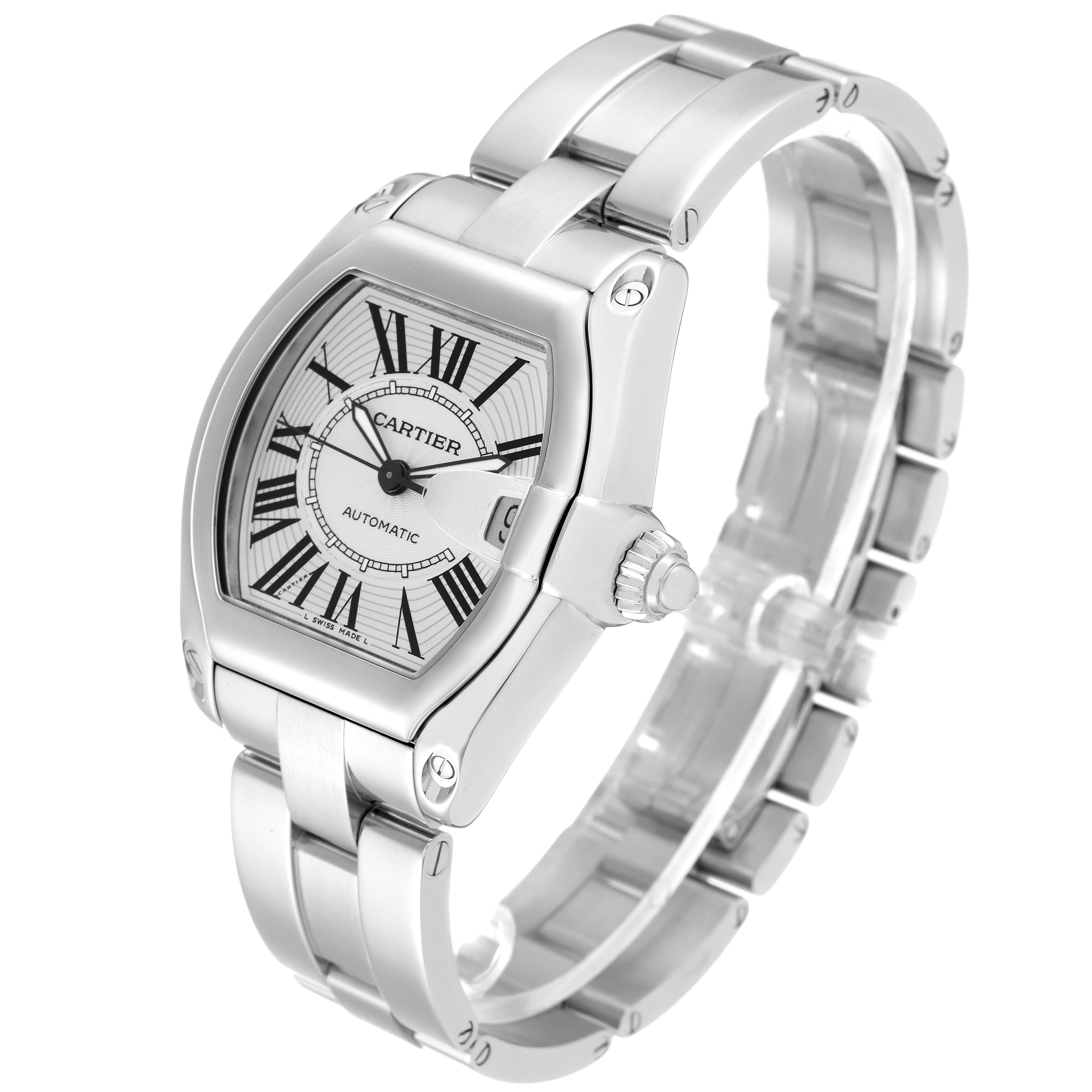 The image shows a Cartier Roadster W62025V3 Men's Stainless Steel Silver Dial W62025V3 Men's Stainless Steel Silver Dial watch from a three-quarter angle highlighting the face, bezel, crown, and part of the bracelet.