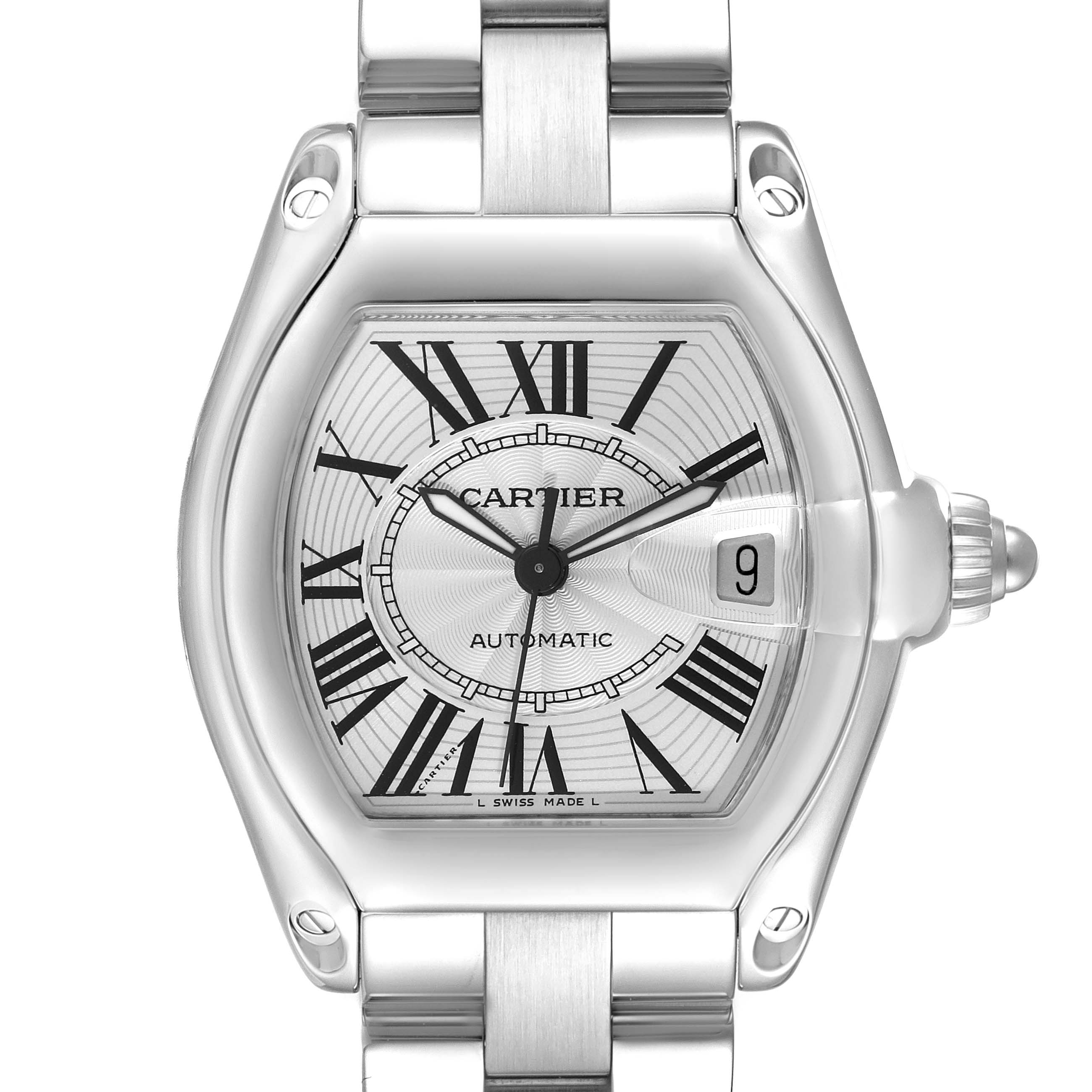 This image depicts a Cartier Roadster W62025V3 Men's Stainless Steel Silver Dial W62025V3 Men's Stainless Steel Silver Dial watch from a frontal angle, showcasing its dial, bezel, and part of the bracelet.