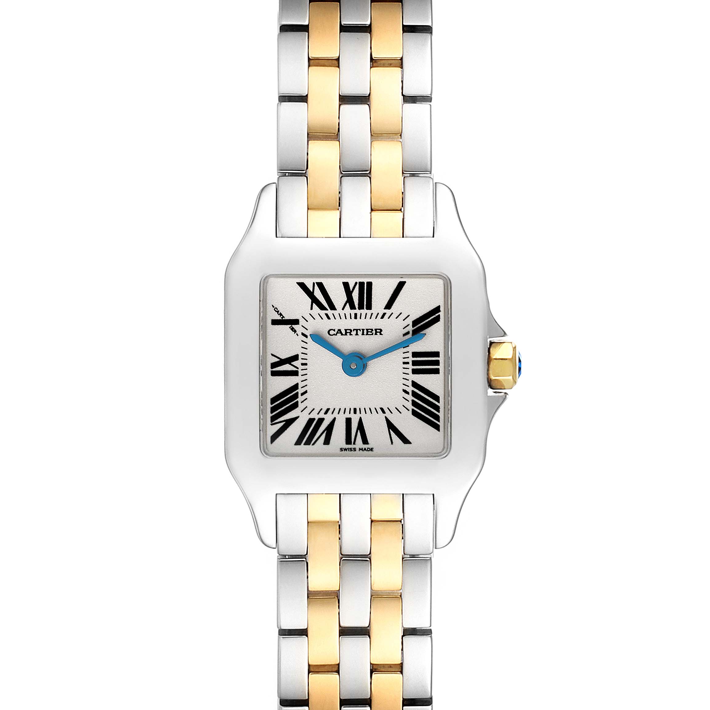 The Cartier Santos Demoiselle W25066Z6 Women
s Steel and Gold (two tone) Silver Dial W25066Z6 Women
s Steel and Gold (two tone) Silver Dial watch is shown from a top-down angle displaying the face and two-tone bracelet.