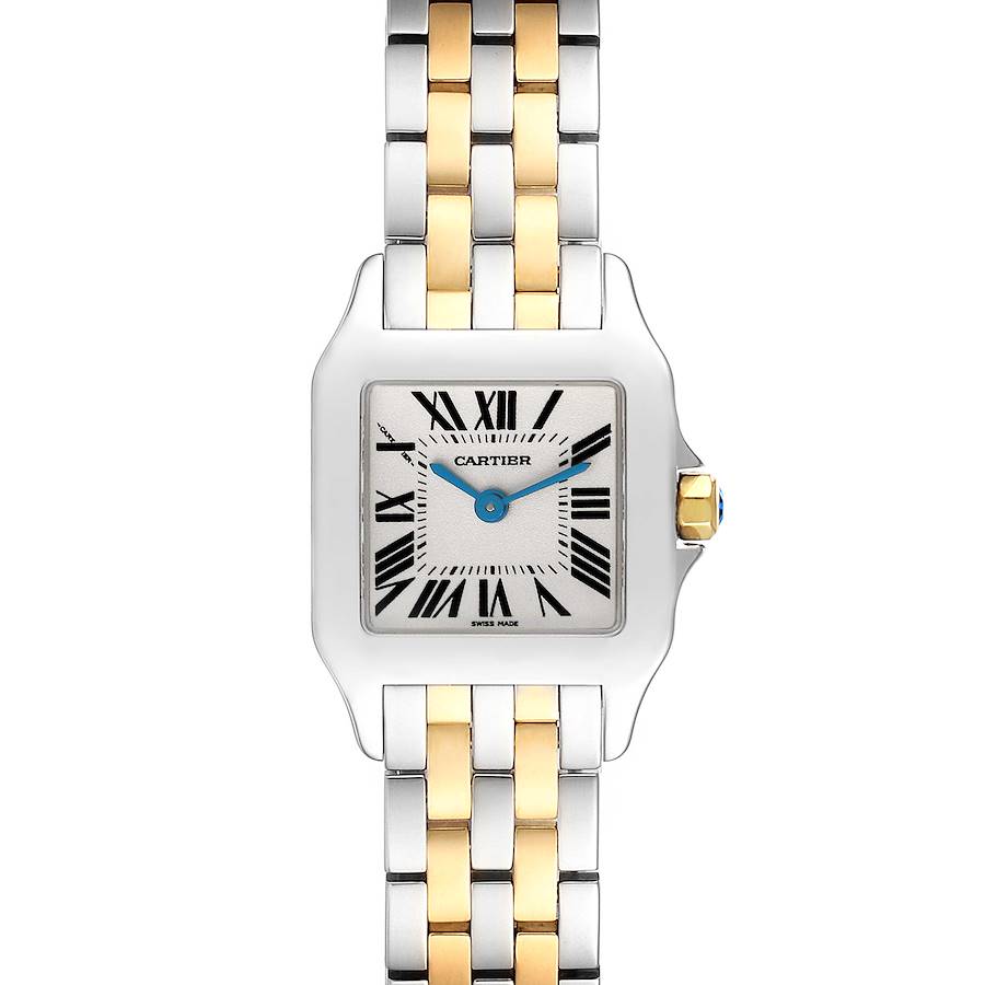 The Cartier Santos Demoiselle watch is shown from a top-down angle displaying the face and two-tone bracelet.