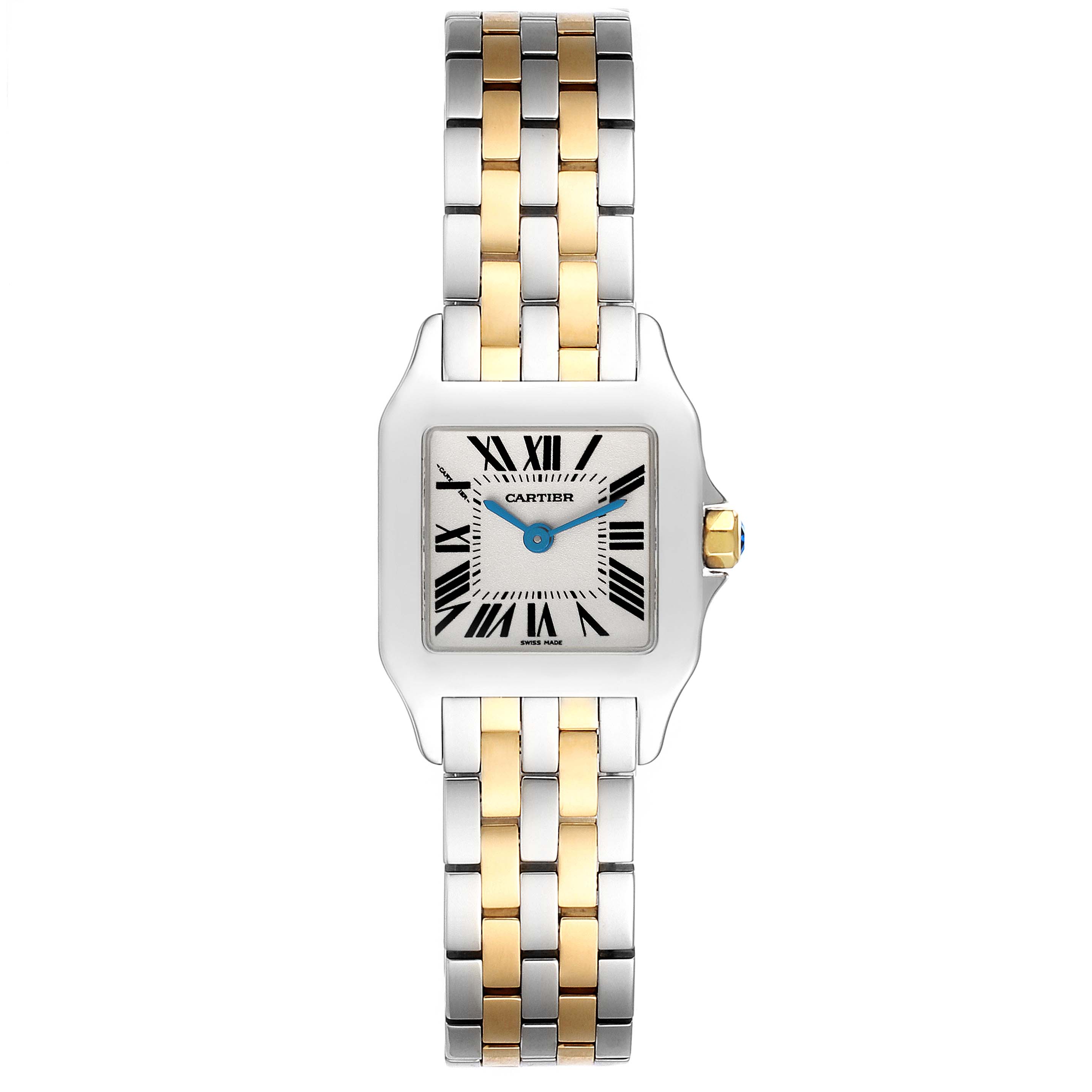 The Cartier Santos Demoiselle W25066Z6 Women
s Steel and Gold (two tone) Silver Dial W25066Z6 Women
s Steel and Gold (two tone) Silver Dial watch is shown from a front angle, displaying the face, bezel, and two-tone bracelet.