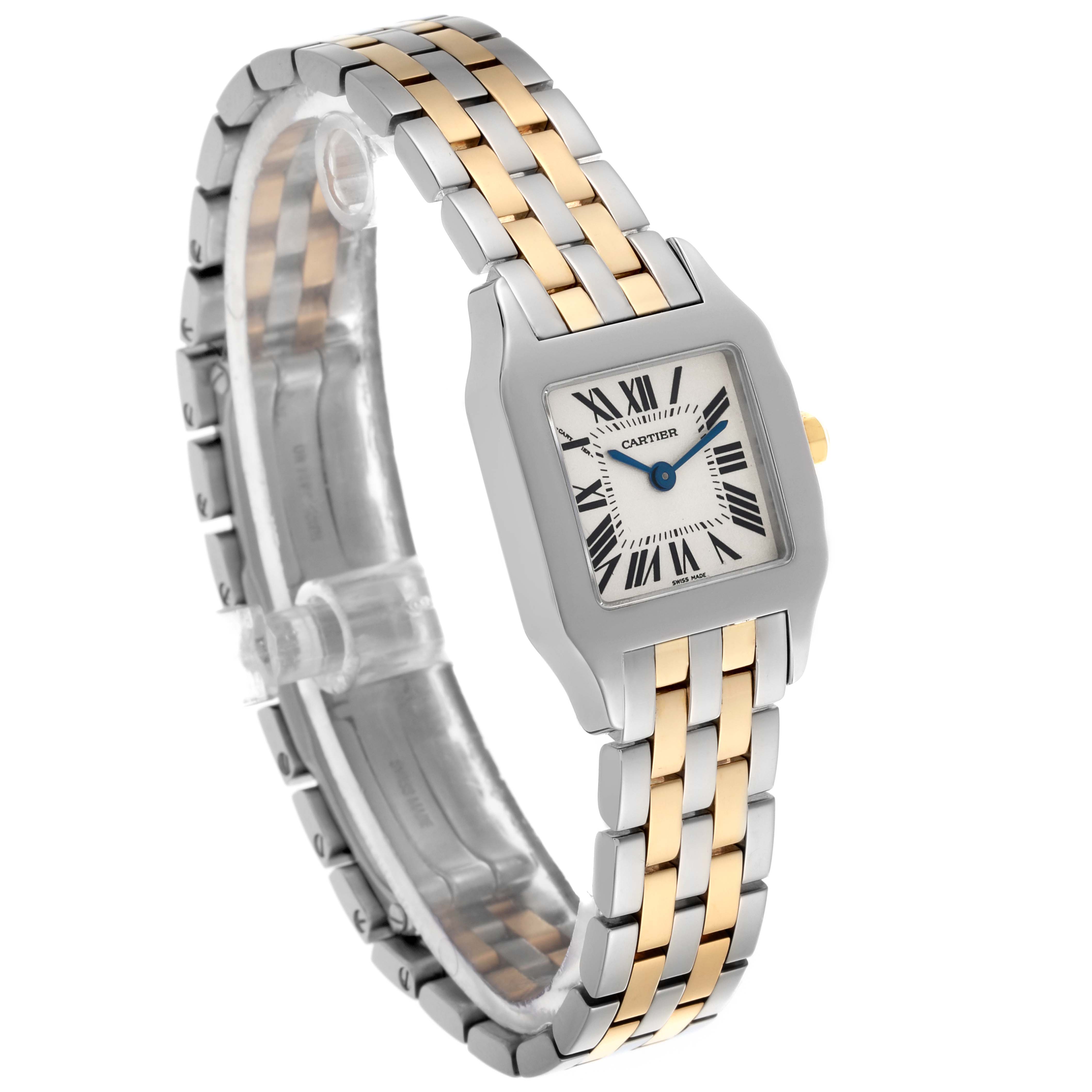 The Cartier Santos Demoiselle W25066Z6 Women
s Steel and Gold (two tone) Silver Dial W25066Z6 Women
s Steel and Gold (two tone) Silver Dial watch is shown at a three-quarter angle, highlighting the face and two-tone bracelet.