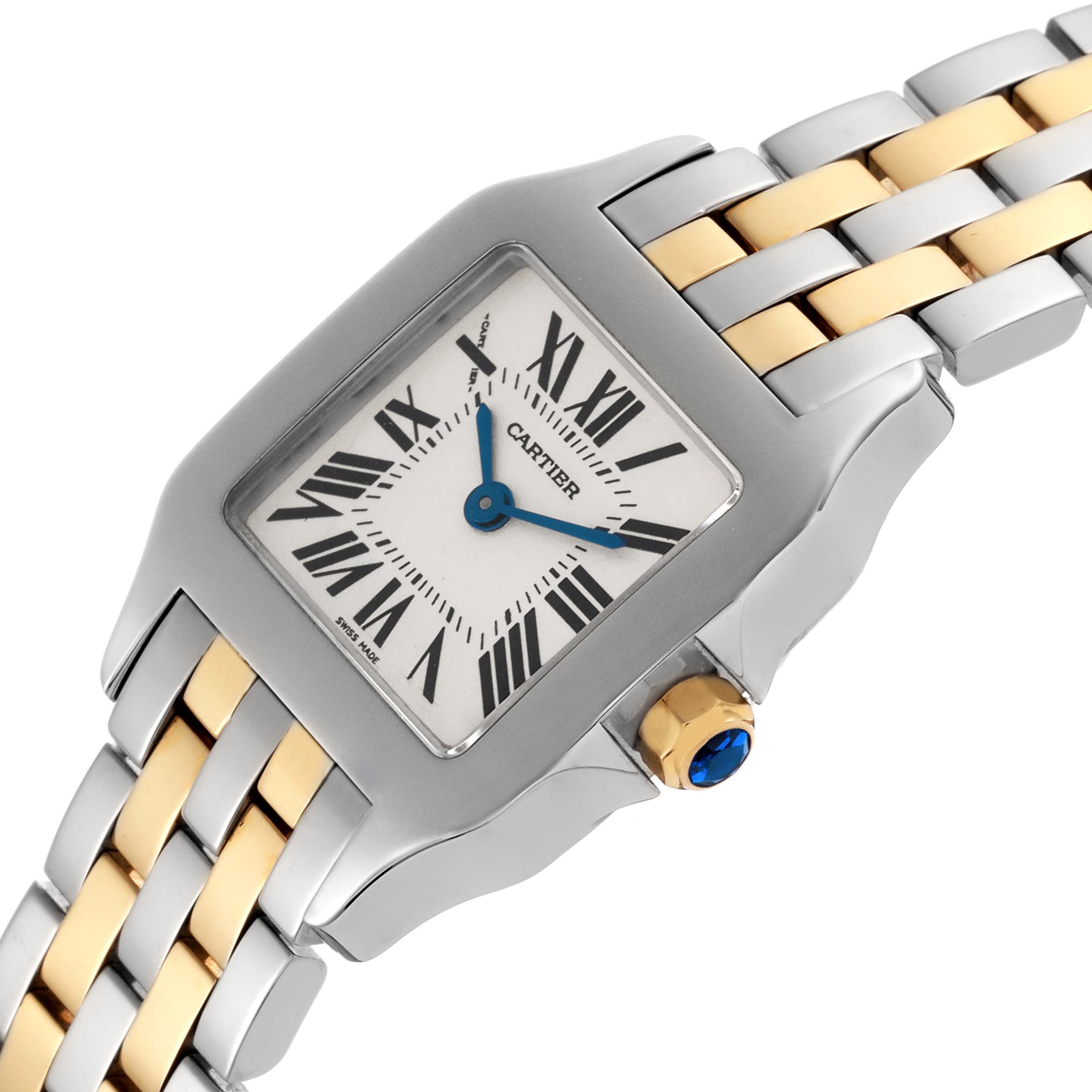 The image shows a tilted top view of the Cartier Santos Demoiselle W25066Z6 Women
s Steel and Gold (two tone) Silver Dial W25066Z6 Women
s Steel and Gold (two tone) Silver Dial watch, highlighting its face, crown, and two-tone bracelet.