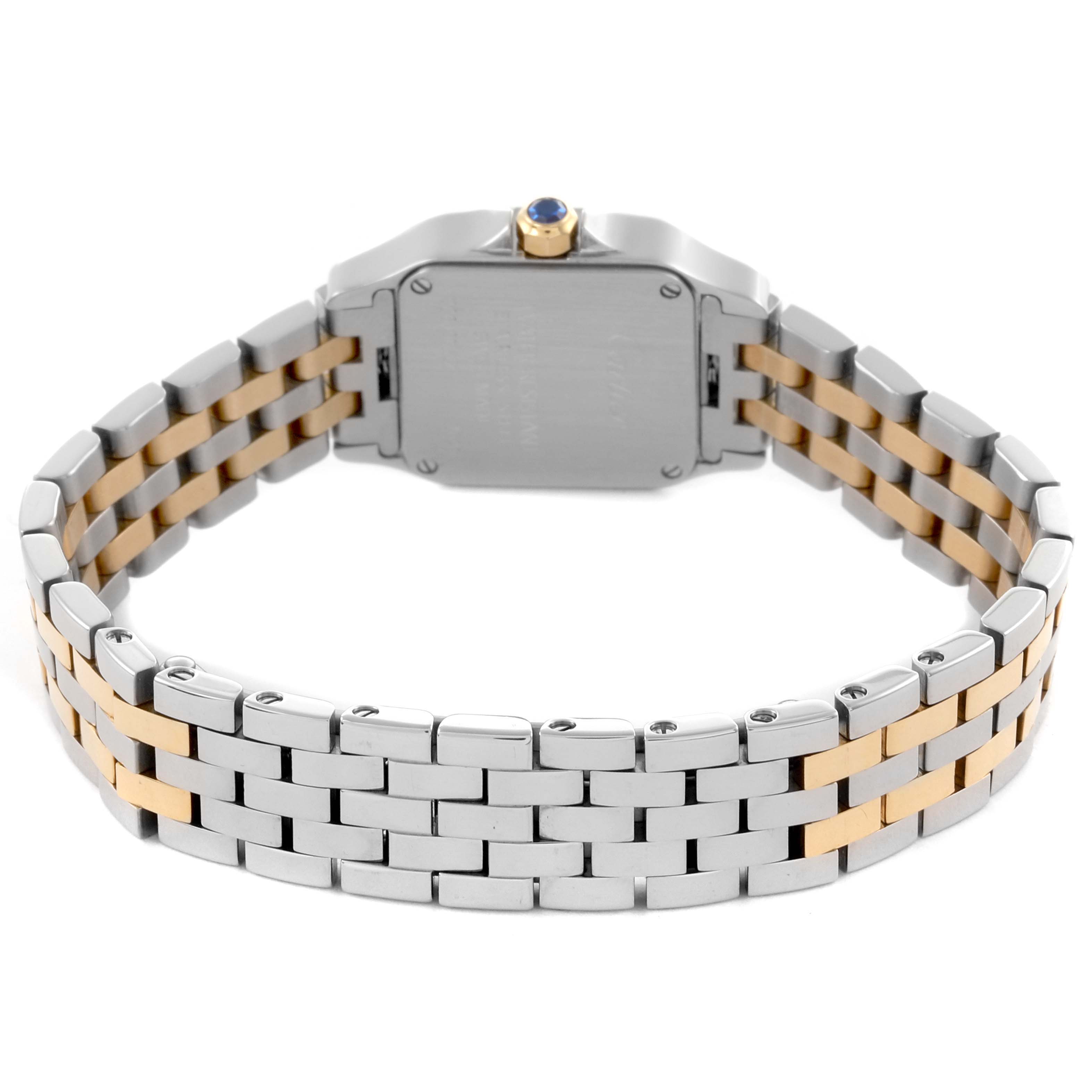 The image shows the back view of the Cartier Santos Demoiselle W25066Z6 Women
s Steel and Gold (two tone) Silver Dial W25066Z6 Women
s Steel and Gold (two tone) Silver Dial watch, highlighting the case back and metal bracelet.