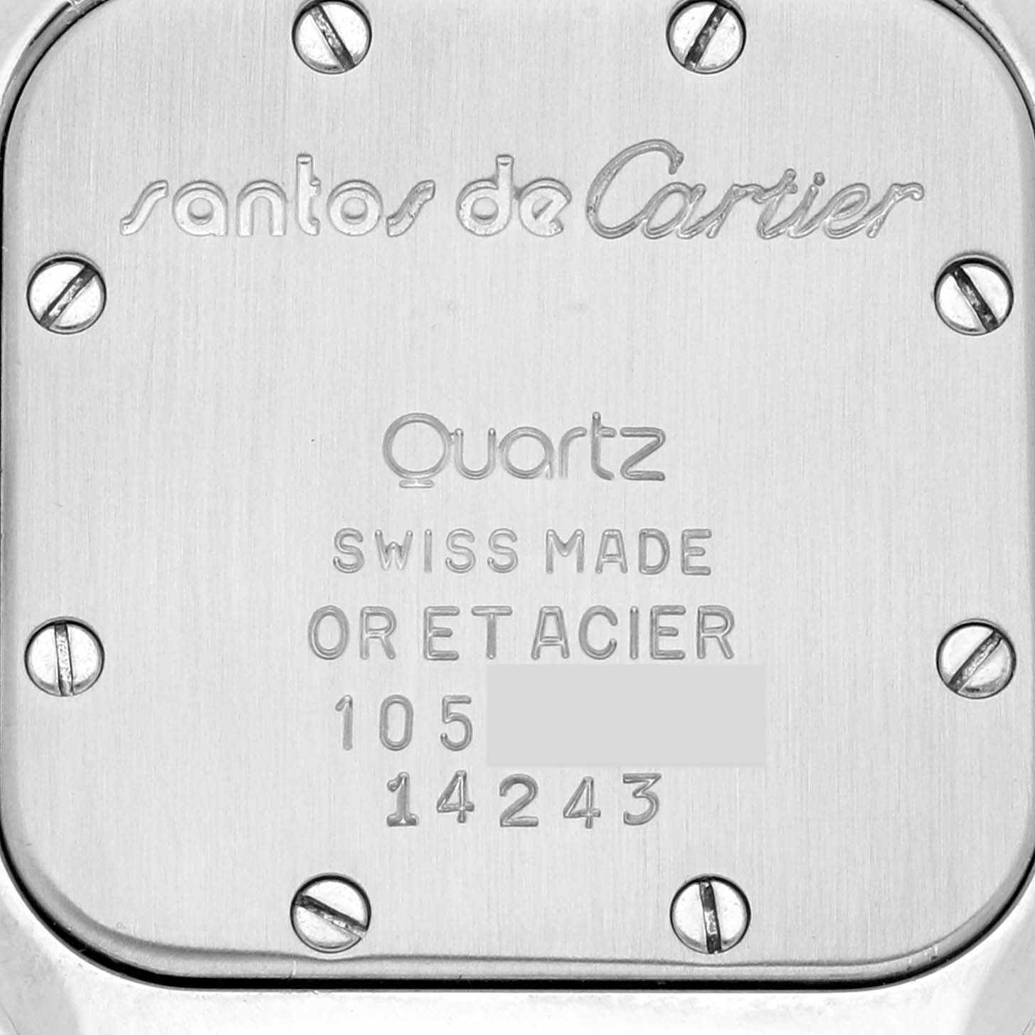 This image shows the back case of the Santos model watch by Cartier, viewed straight on.