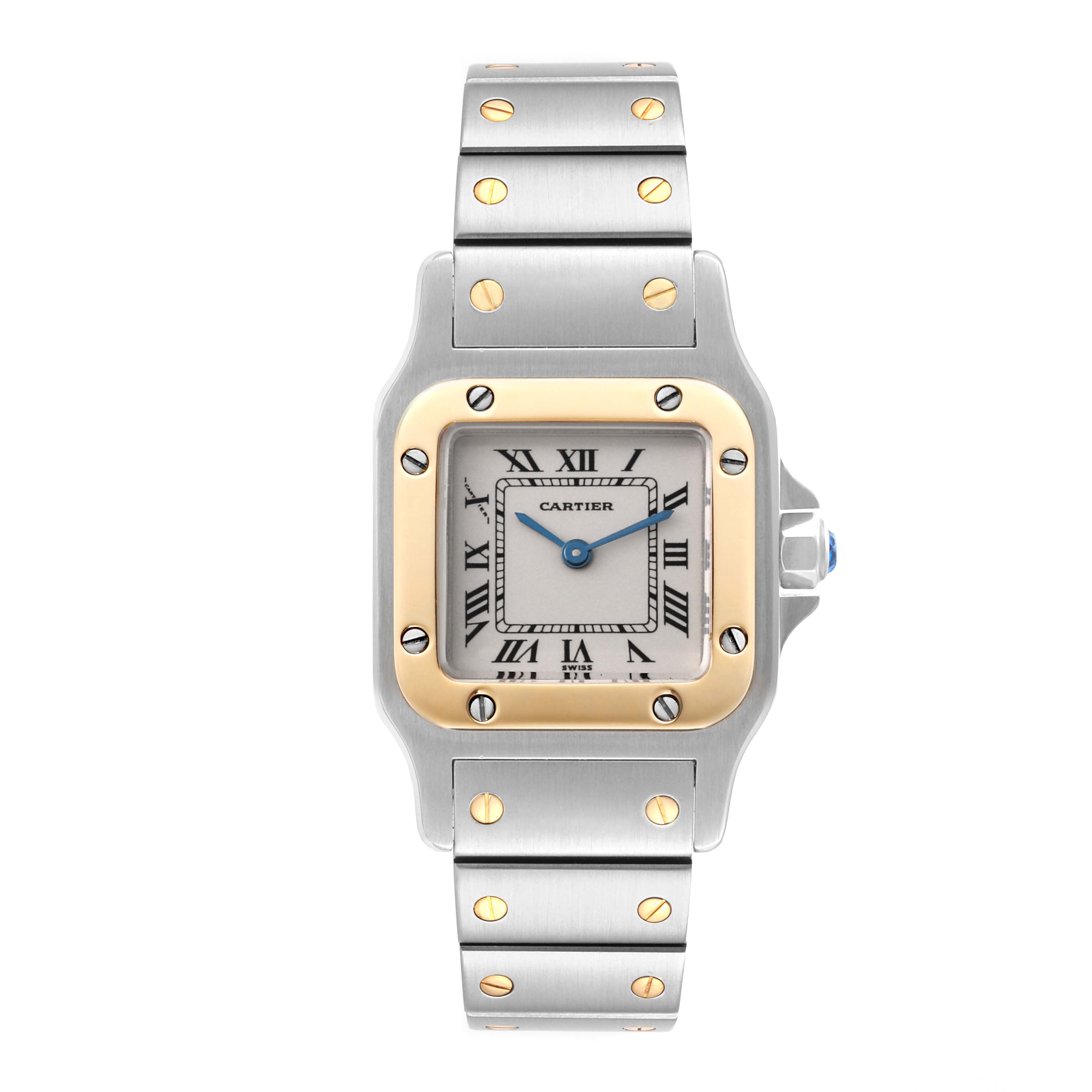 This image shows a front view of the Cartier Santos W20012C4 Women's Steel and Gold (two tone) Silver Dial W20012C4 Women's Steel and Gold (two tone) Silver Dial watch, highlighting its face, bezel, and metal bracelet.